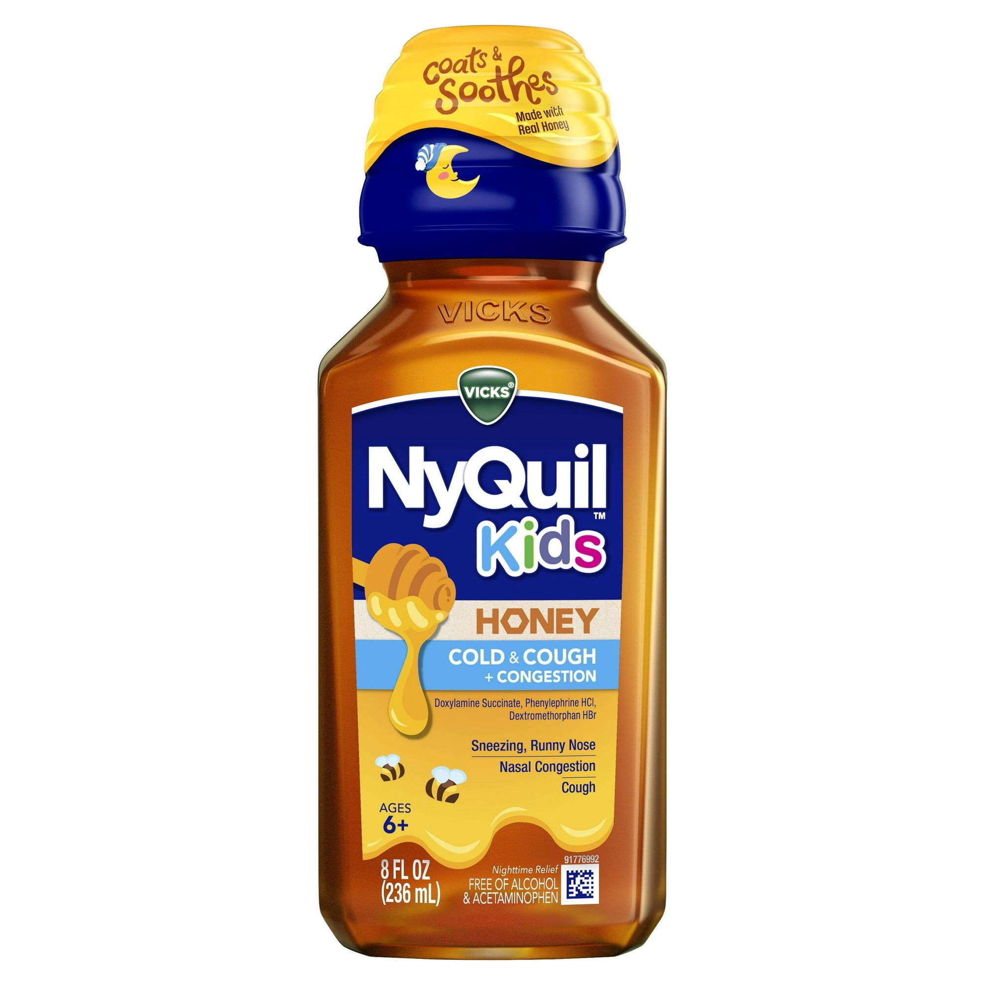 Vicks NyQuil Kids Honey Cold & Cough + Congestion Liquid Medicine, over the counter Medicine, 8 oz