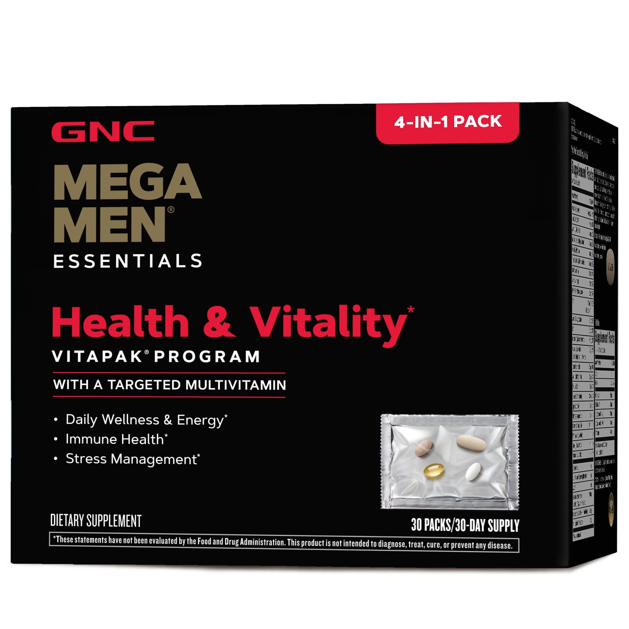 GNC Mega Men Health & Vitality Vitapak, 30 Daily Packs, 4 in 1 Complete Daily Multivitamin and Nutrition Program for Men