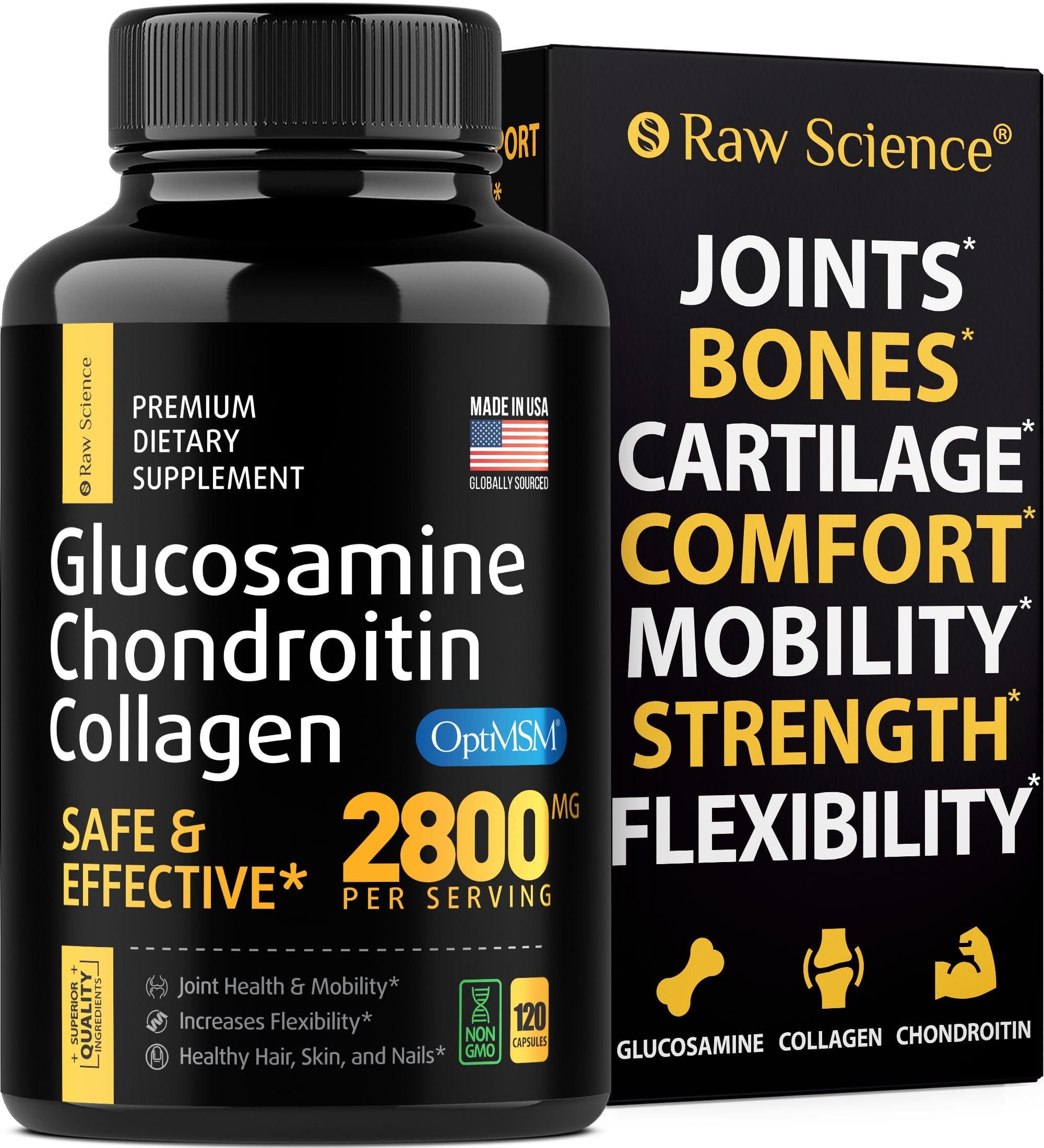 S Raw Science Glucosamine Chondroitin MSM Capsules Joint Support for Women Men Triple Strength Vitamins: Glucosamine HCL Chondroitin Sulfate with OptiMSM Reduces Joint Discomfort 120 Capsules