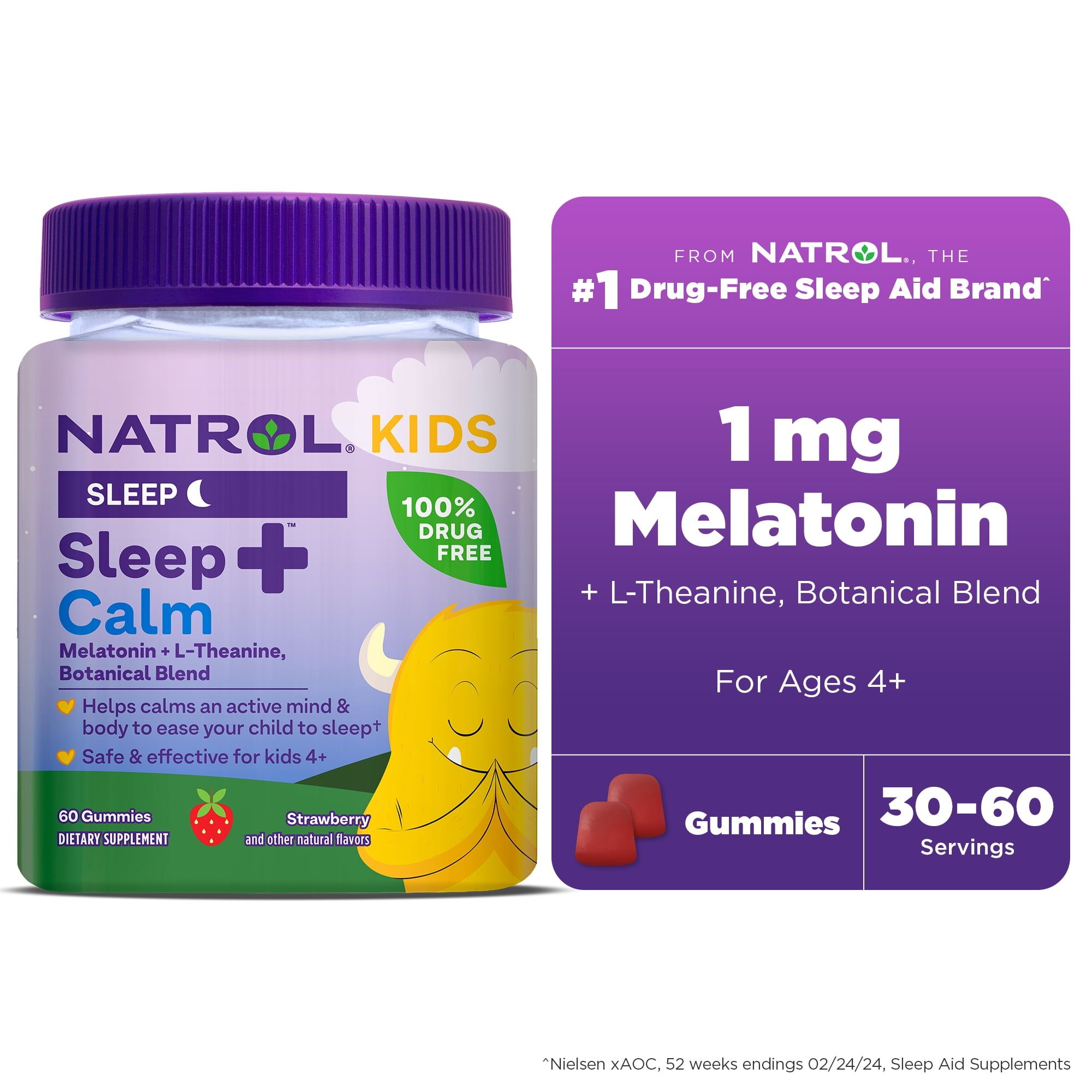 Natrol® Kids Sleep+ Calm, Melatonin and L Theanine, Sleep Gummies for Kids, Strawberry Flavor, 60 Count