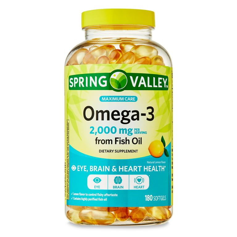 Spring Valley Omega 3 Fish Oil Brain & Heart Health Dietary Supplement Softgels, 2000 mg, 180 Count