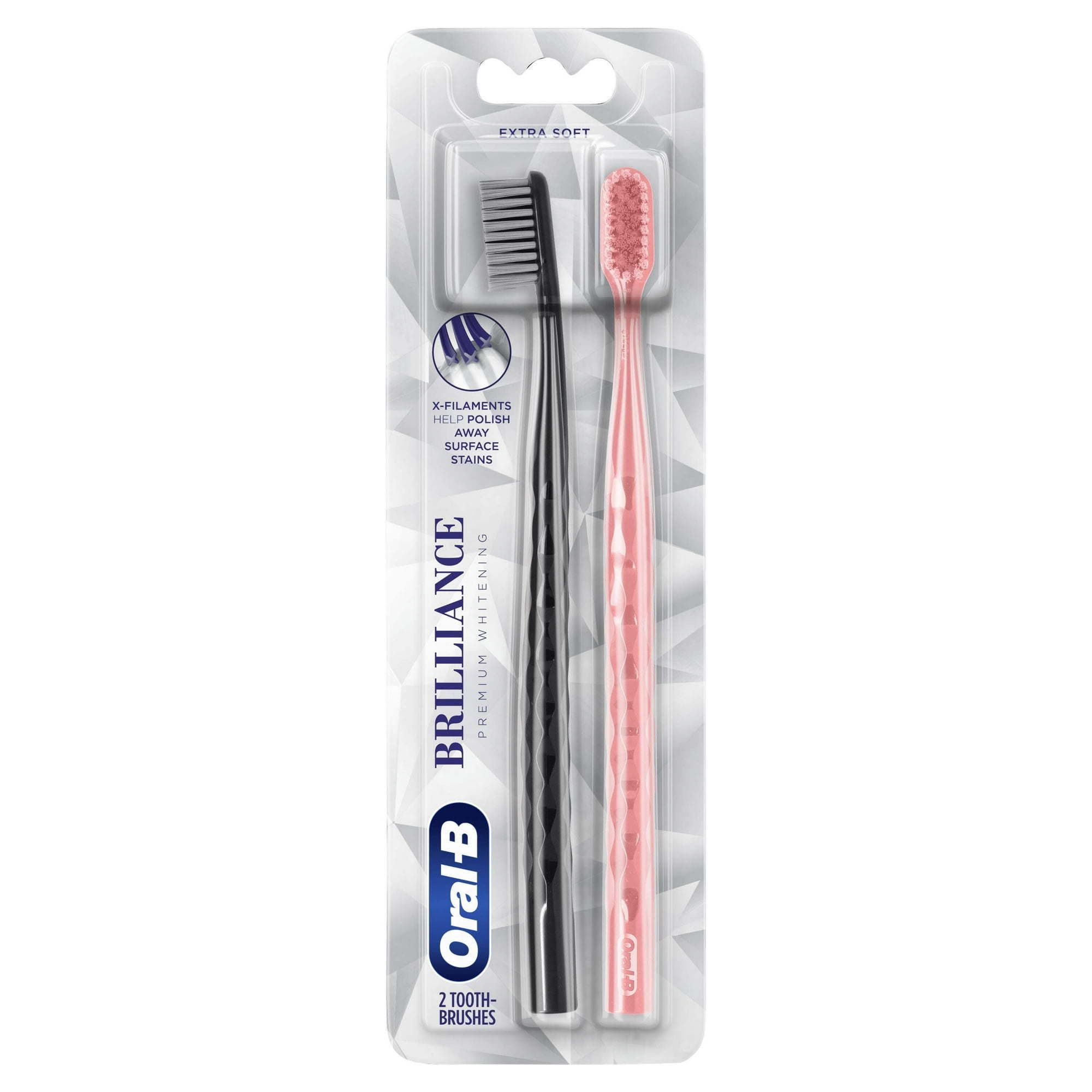 Oral B Brilliance Whitening Manual Toothbrush, Extra Soft, Black & Coral, 2 Count, for Adults & Children 3+