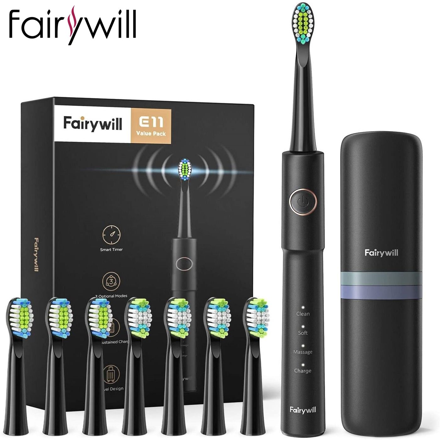 Fairywill Sonic Electric ToothbrushUSB Charge Rechargeable E11 Waterproof Electric Toothbrush 8 Brush Replacement Heads Adult