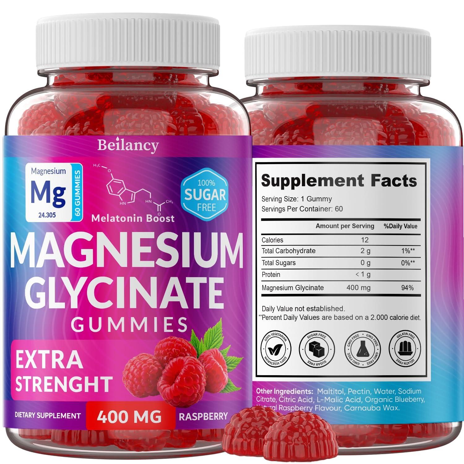 Beilancy Sleep Support Magnesium Glycinate Gummies 400mg Raspberry with Blackcurrant Oil Sugar Free Non GMO Gluten Free 60 Days
