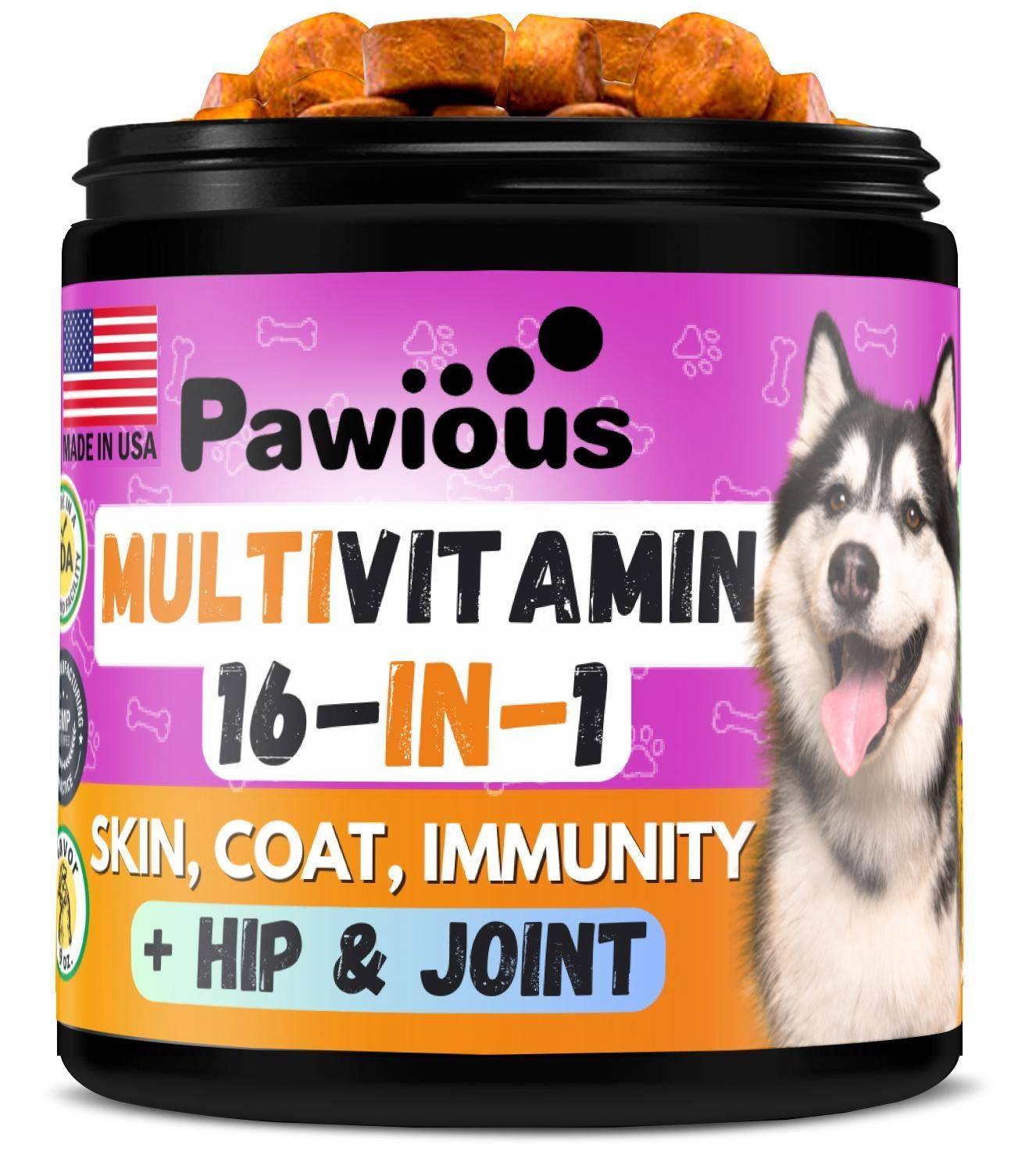 Pawious Dog Multivitamin Chewable with Glucosamine 16 in 1 Dog Vitamins and Supplements Senior and Puppy Multivitamin for Dogs Hip and Joint Support Health