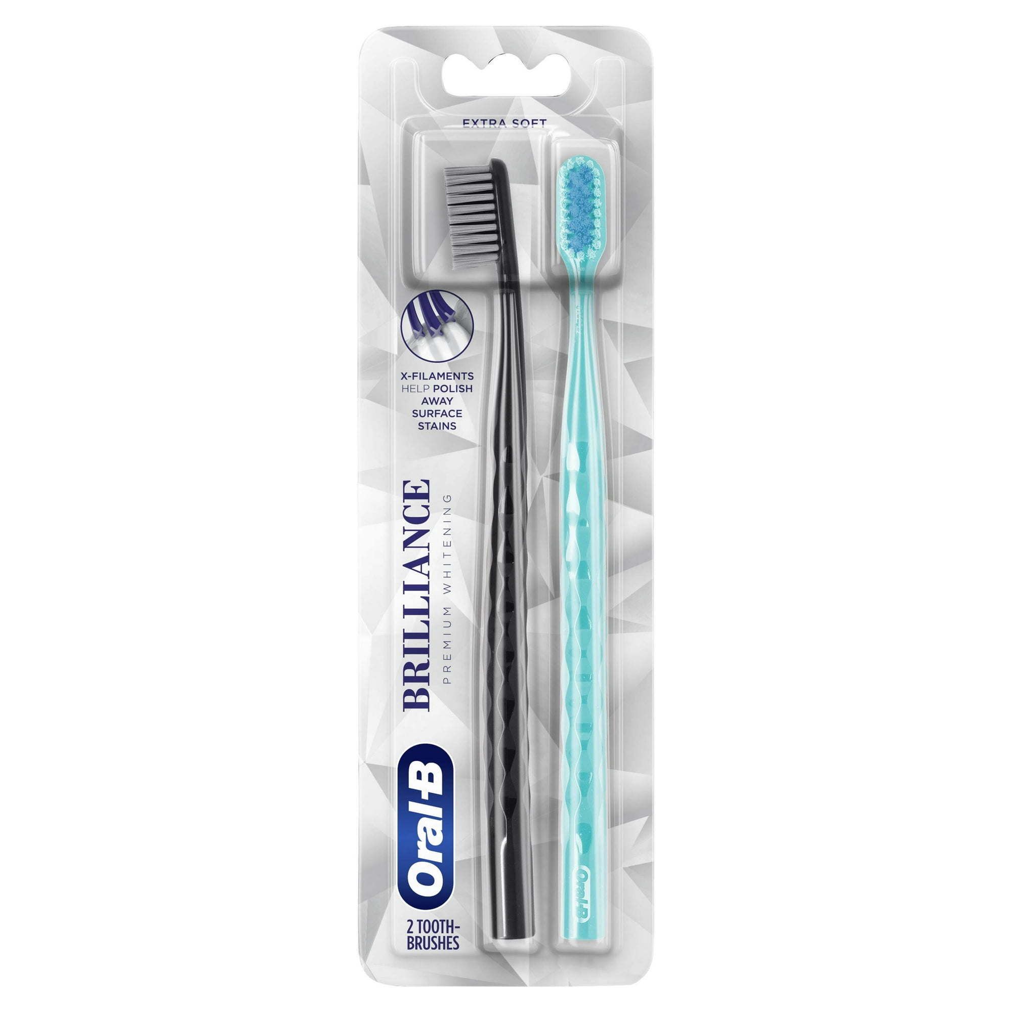 Oral B Brilliance Whitening Manual Toothbrush, Extra Soft, Black and Teal, 2 Count, for Adults & Children 3+