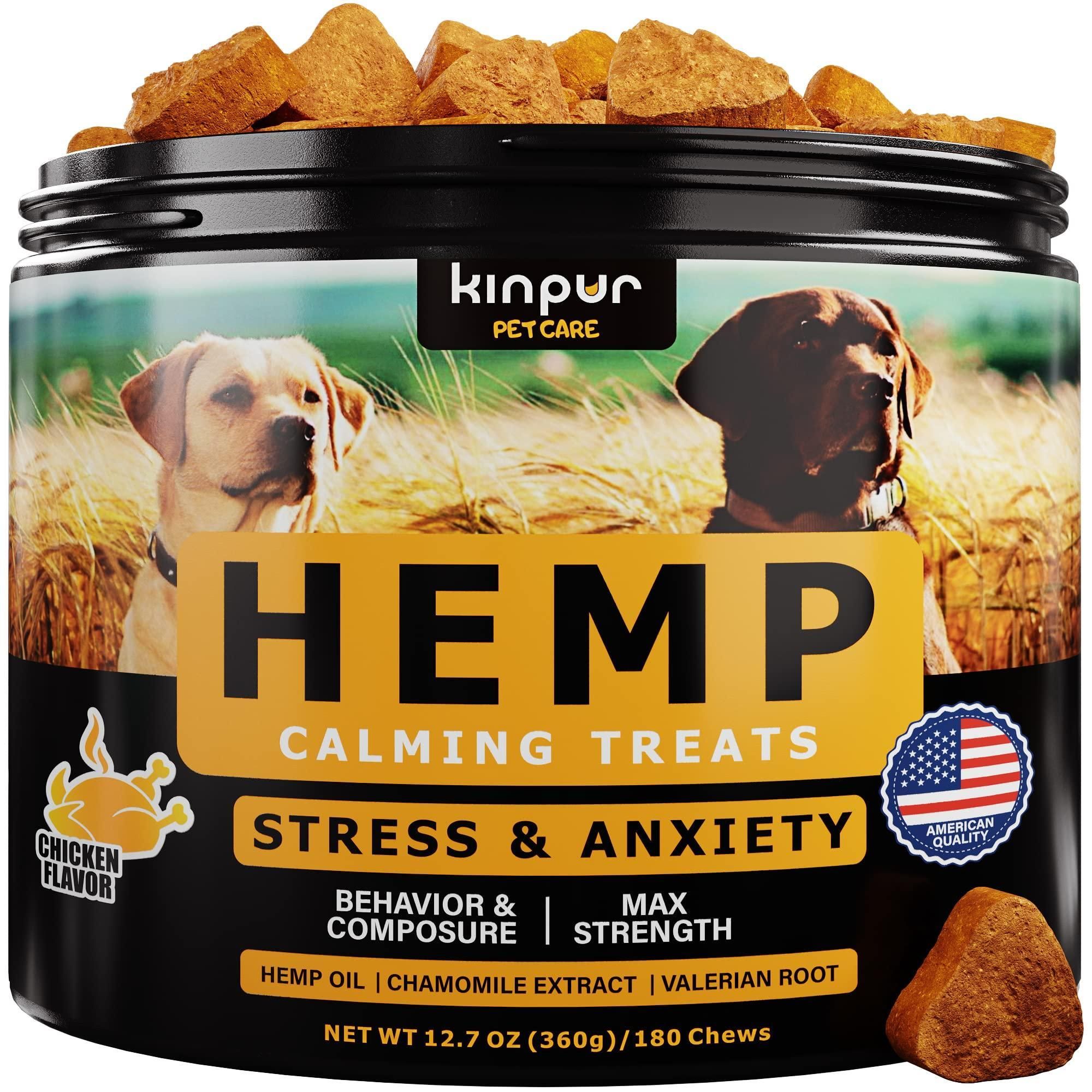 Kinpur Pet Care Natural Calming Chews for Dogs with Hemp Oil and Valerian Root Chicken Flavor 180 Chews