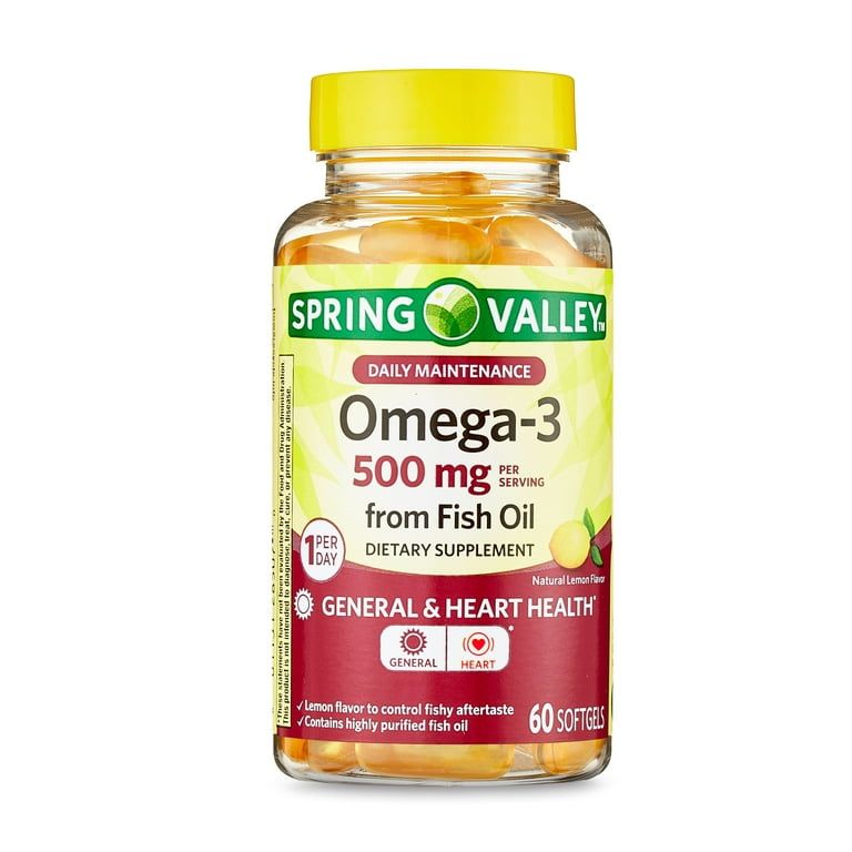 Spring Valley Omega 3 Fish Oil Softgels, Lemon, 500 mg, 60 Count