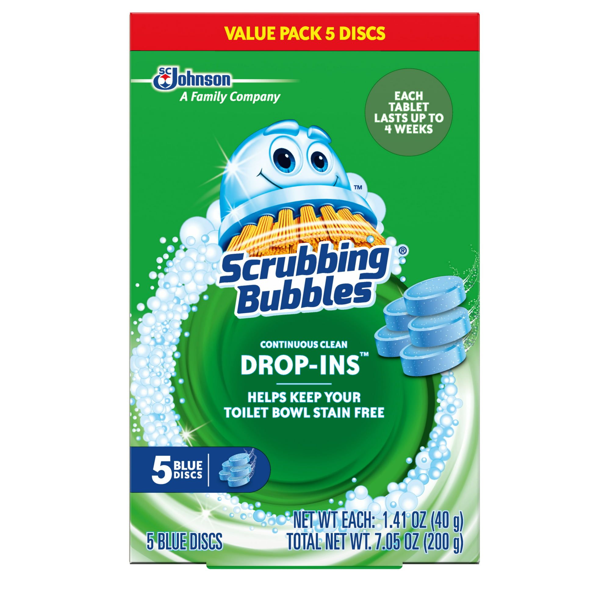 Scrubbing Bubbles Continuous Clean Drop Ins One Toilet Bowl Cleaner Tablet Lasts Up to 4 Weeks, 5 Blue Discs, 7.05 Oz