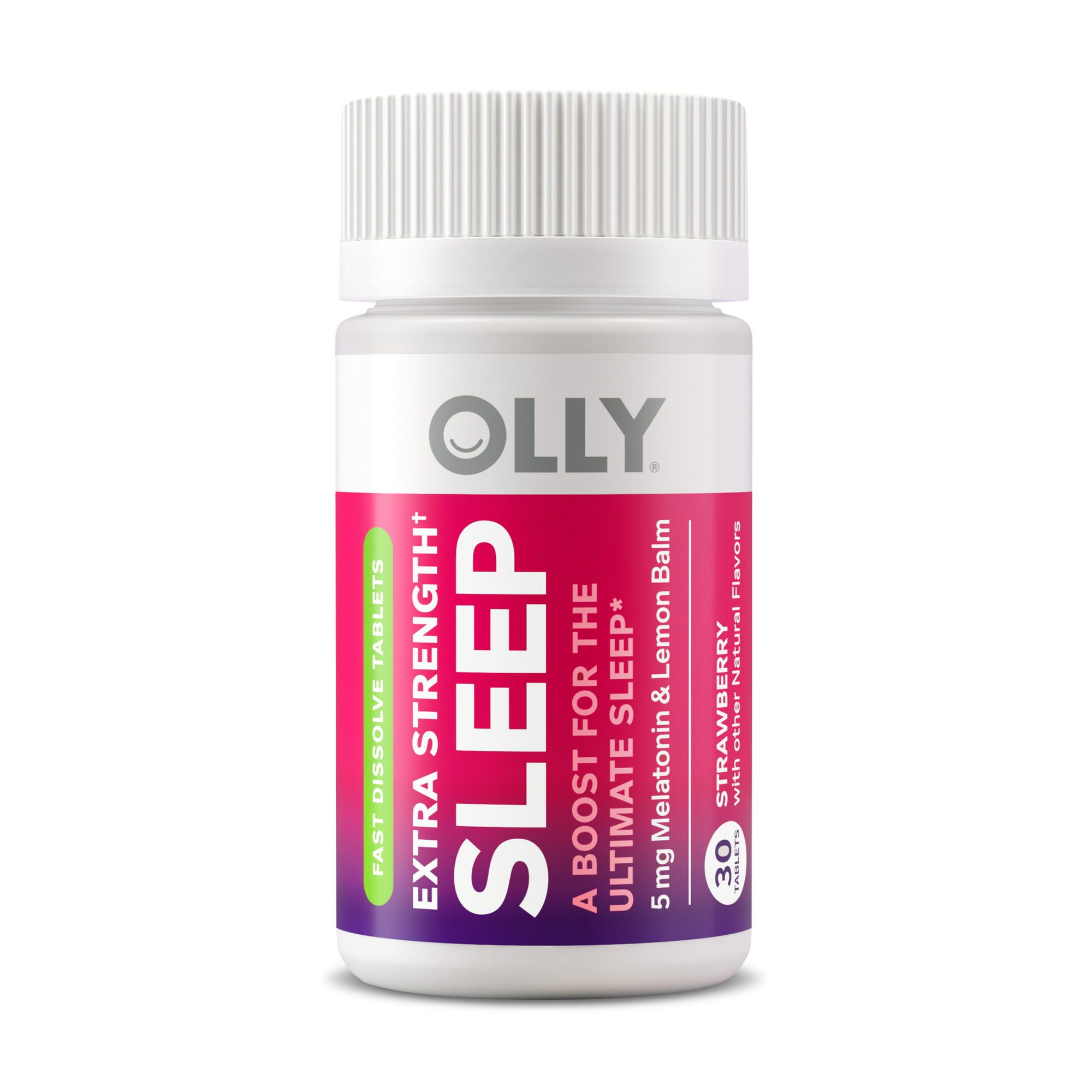 OLLY Extra Strength Sleep Fast Dissolves Supplement, 5mg Melatonin, Lemon Balm, Vegan, Strawberry, 30 Count