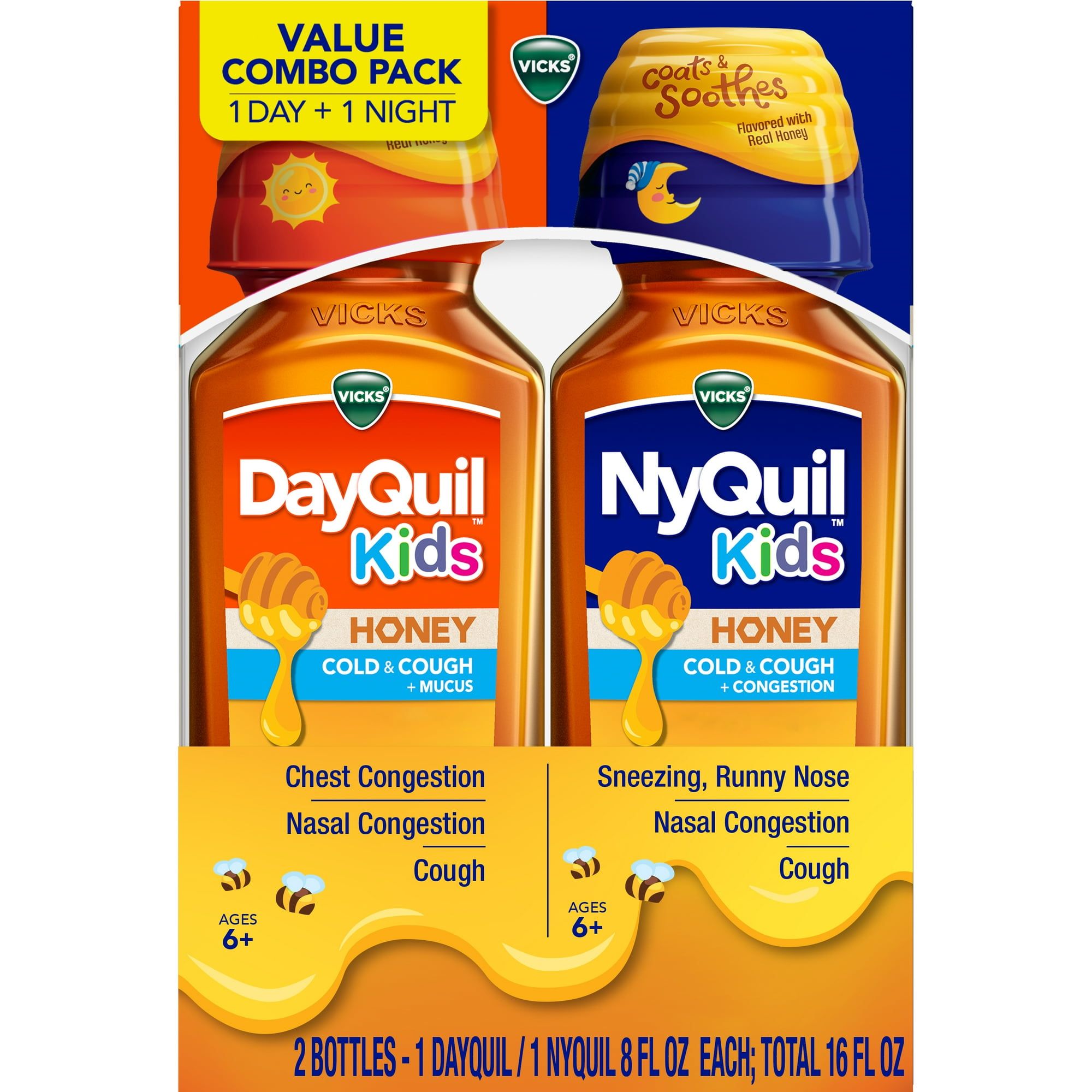Vicks DayQuil Kids & NyQuil Kids Cold & Cough Relief, over the Counter Medicine, Honey, 2x12 fl oz