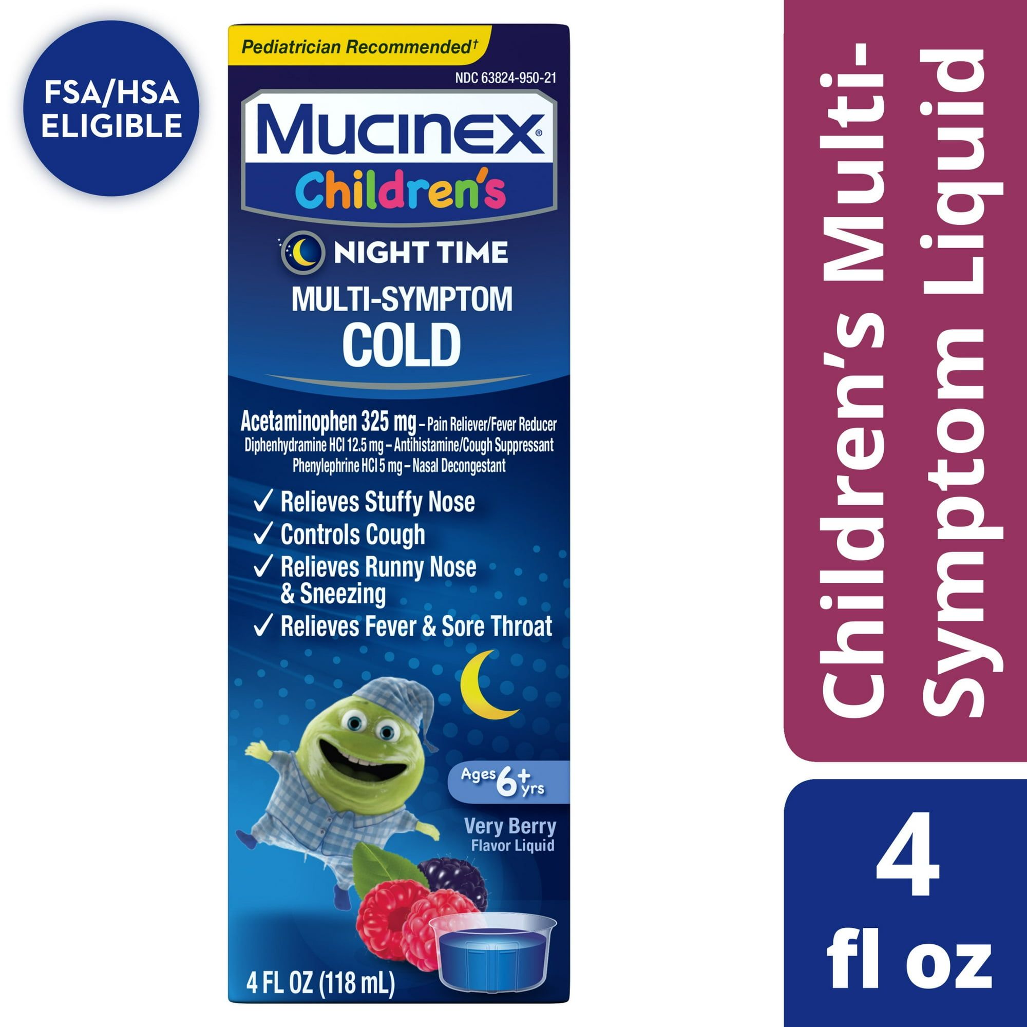 Mucinex Children's Night Time Cold Medicine, Multi Symptom Relief, Mixed Berry, 4 fl oz