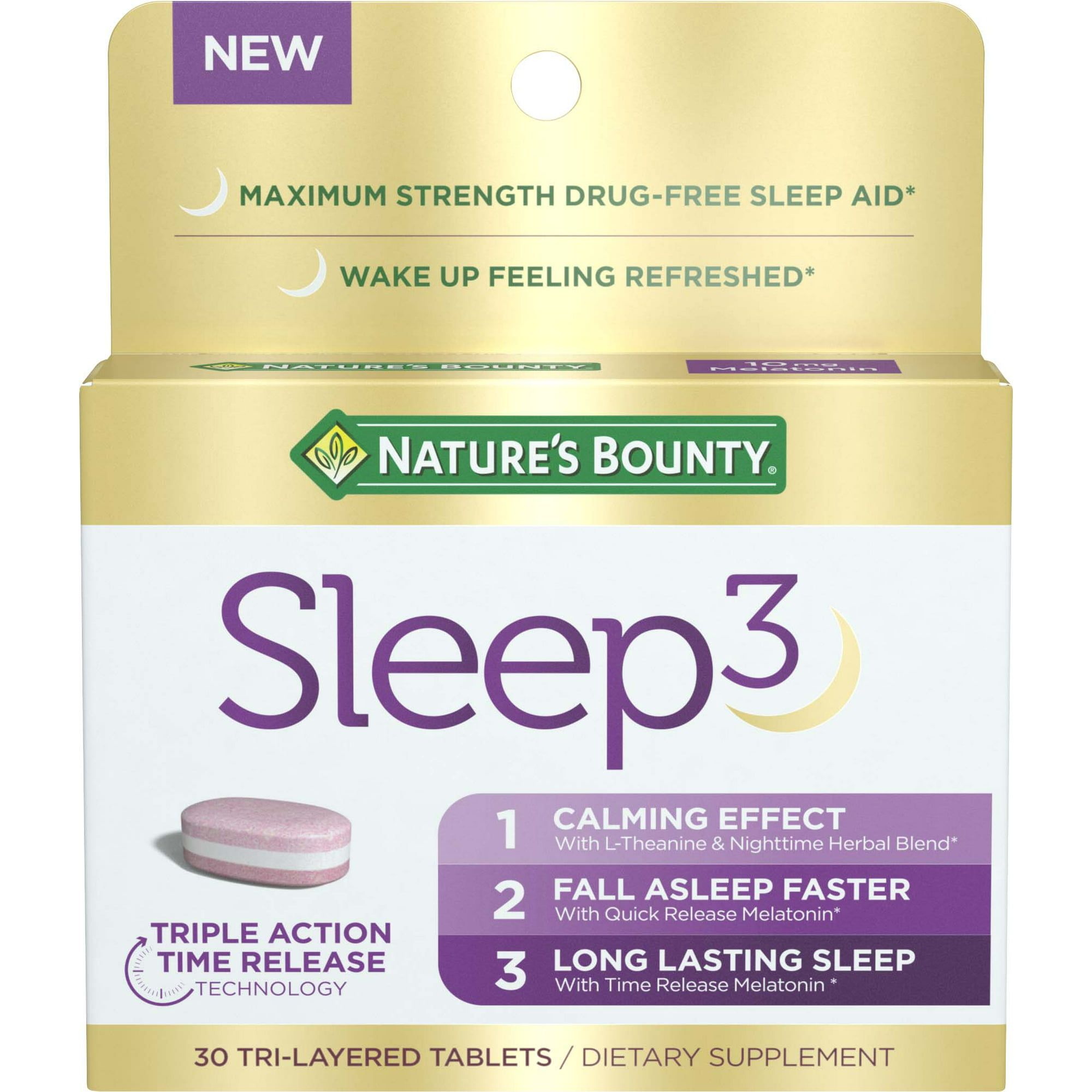 Nature's Bounty Sleep3 Melatonin, Maximum Strength Drug Free Sleep Aid, Tri Layered Tablets, 10 mg, 30 Count