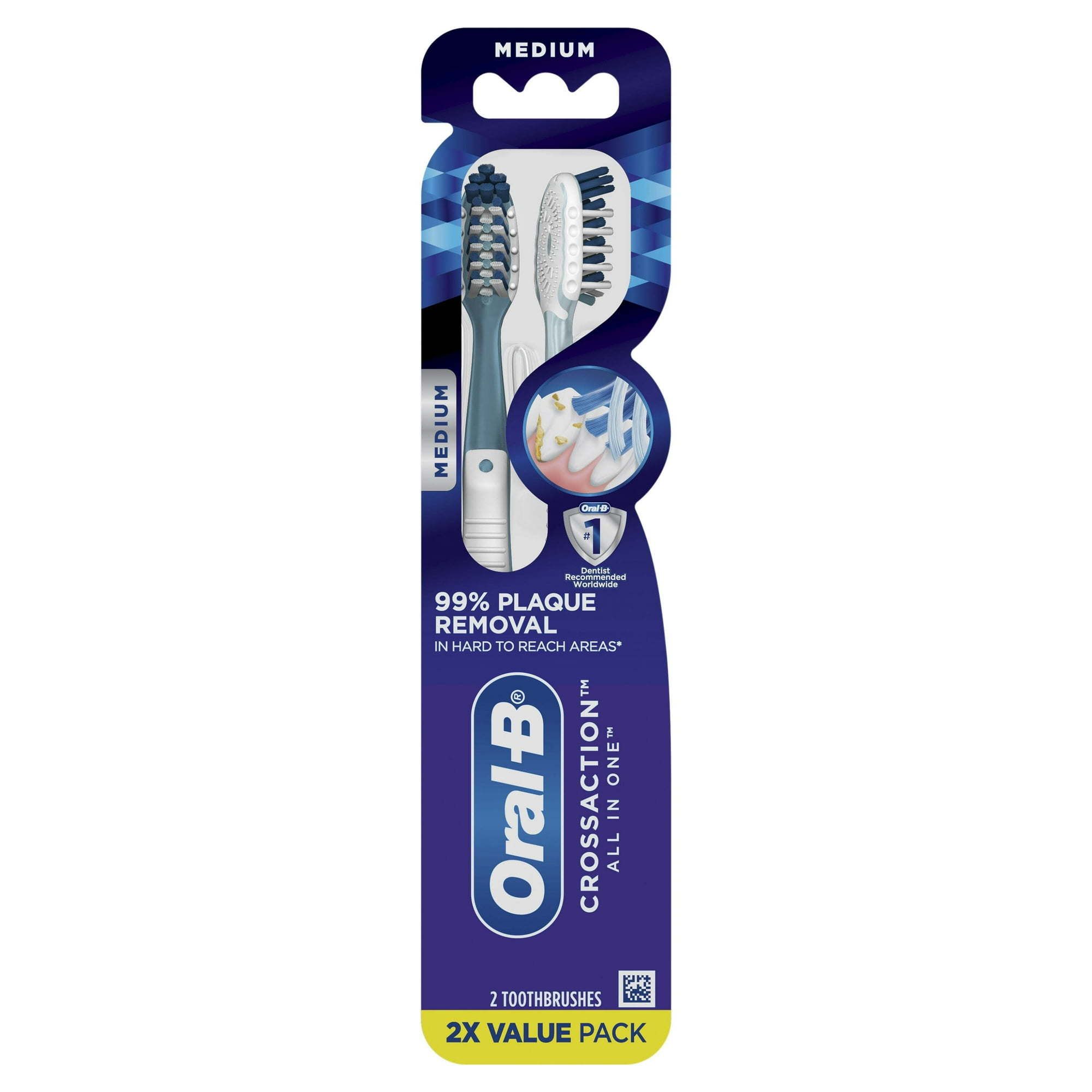 Oral B CrossAction All in One Manual Toothbrush, Deep Plaque Removal, Medium, 2 Count