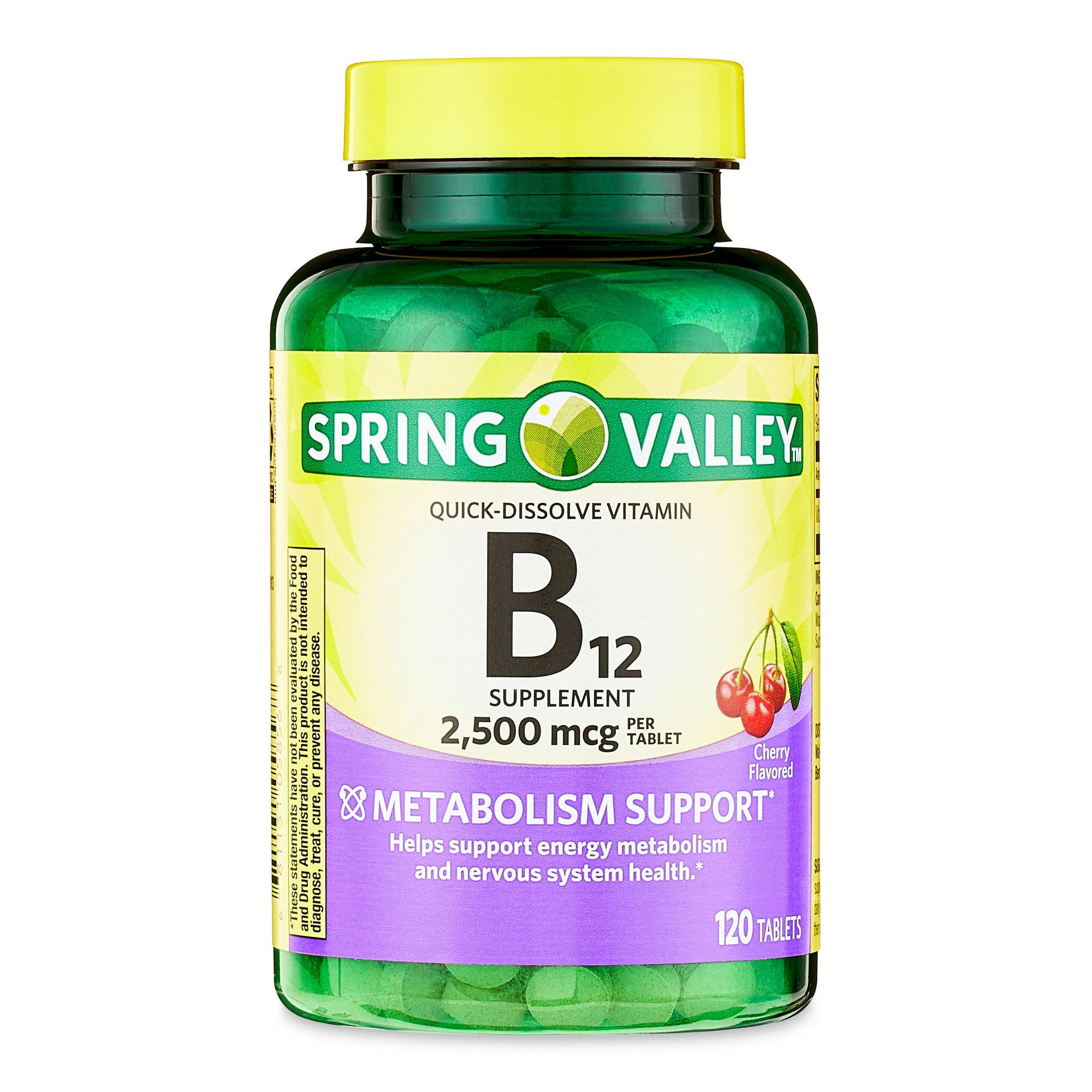 Spring Valley Vitamin B12 Quick Dissolve Tablets Dietary Supplement, 2,500 Mcg, Cherry Flavor, 120 Count