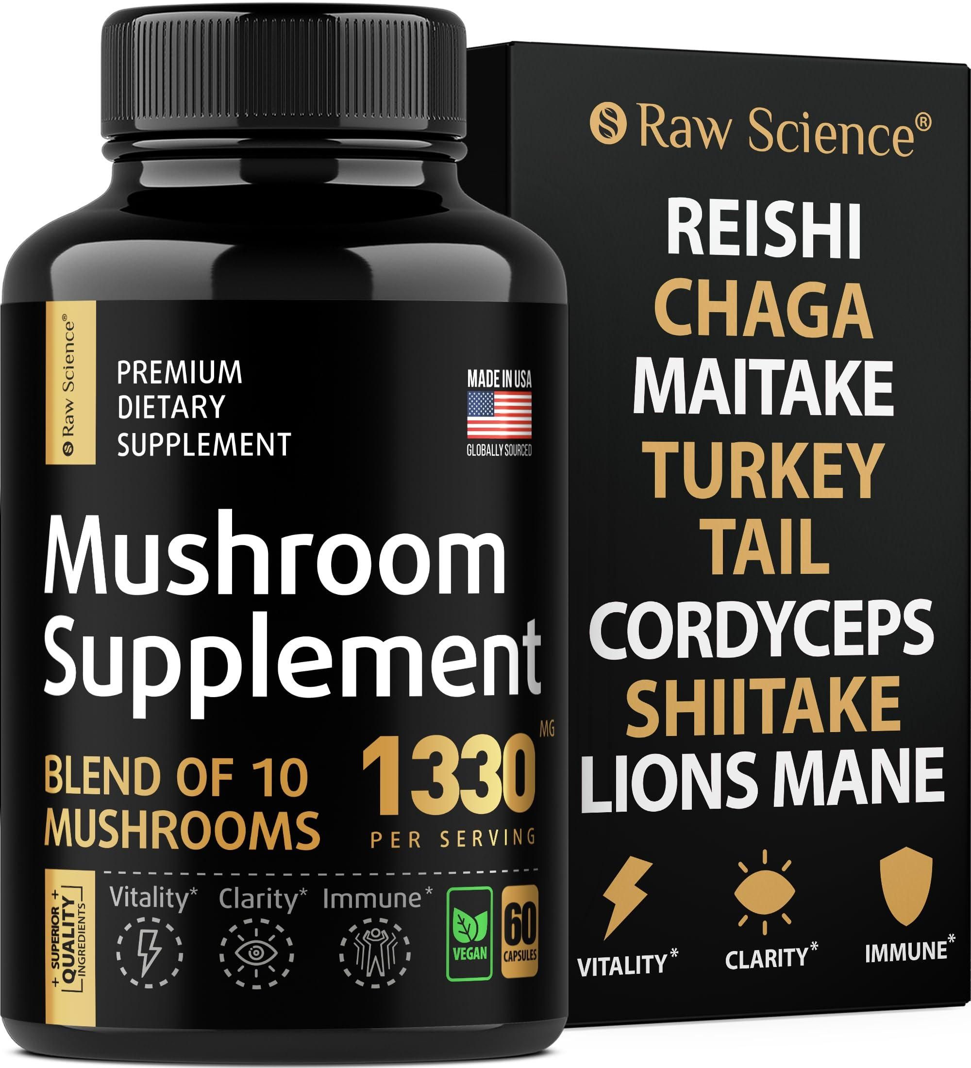 S Raw Science Mushroom Supplement Shiitake Lions Mane Capsules Nootropic Mushroom Complex with Reishi Turkey Tail Chaga Extract Cordyceps Powder Brain Focus Support 60 Capsules