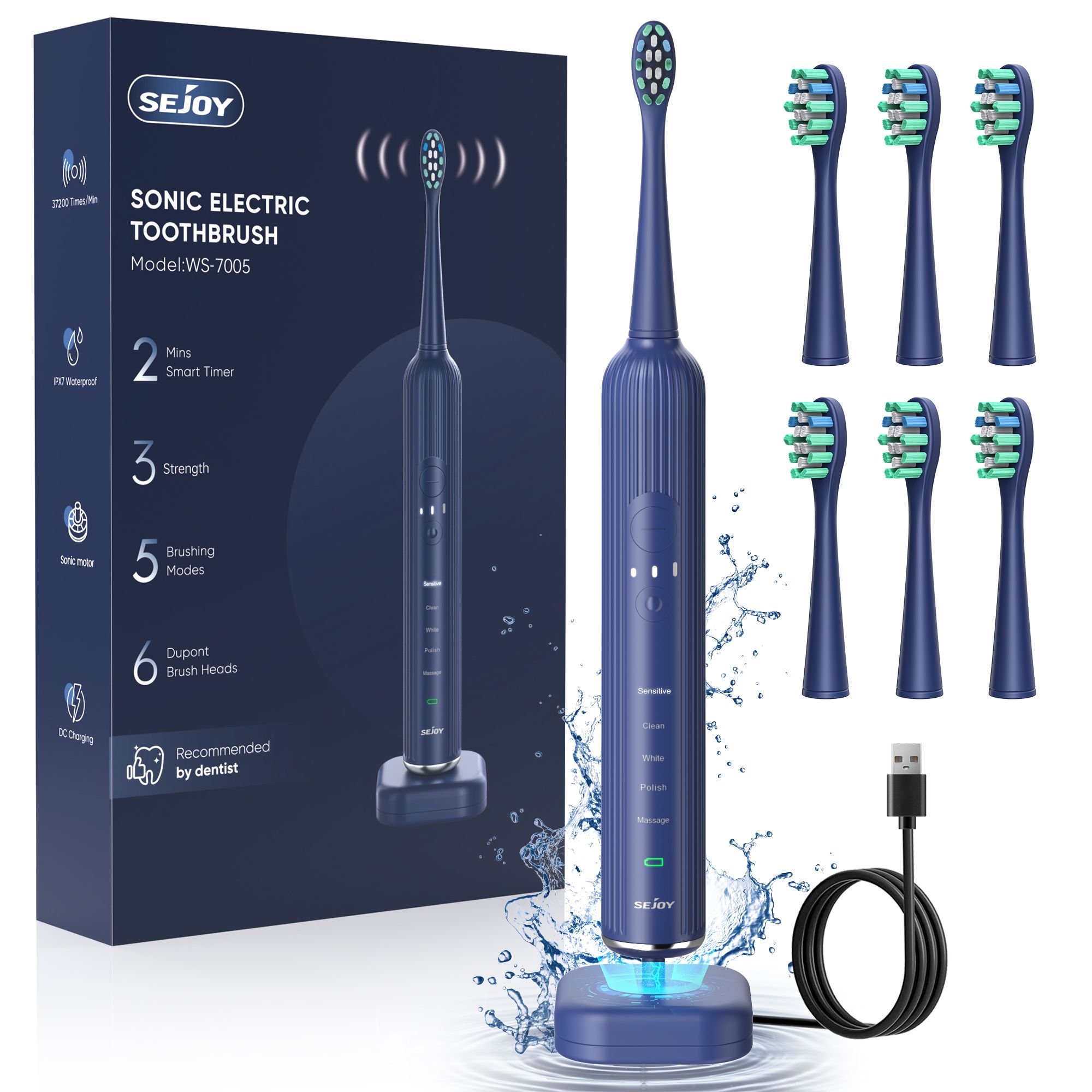 SEJOY Oral Cleaning Personal Sonic Electric Toothbrush Care Appliances IPX7 5 Modes Smart Rechargeable Automatic Toothbrush