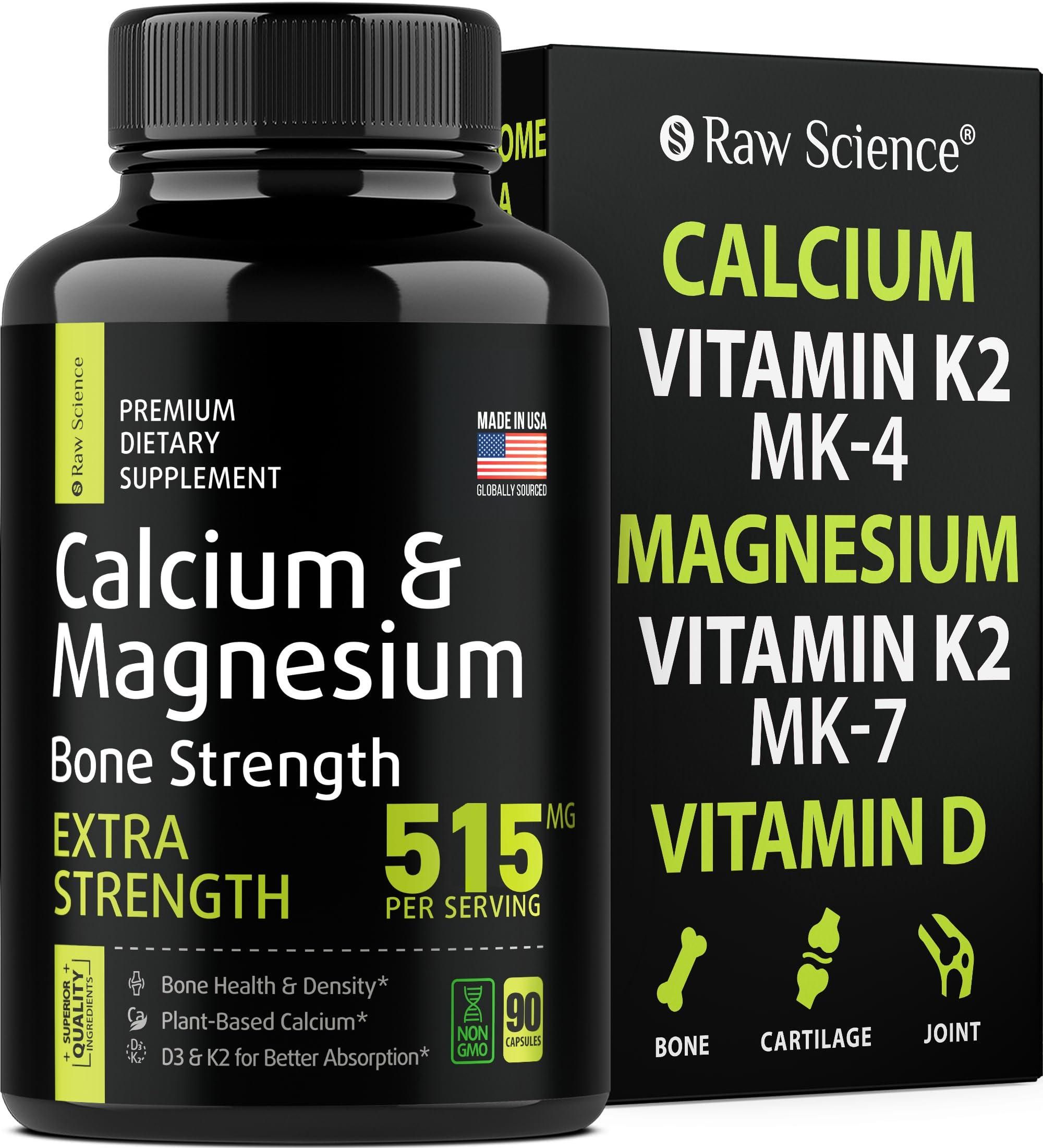S Raw Science Calcium Magnesium Supplement Bone Strength Supplements with Vitamin D & K2 Plant Based Calcium Pills for Women and Men Magnesium Calcium Supplement 515MG Per Serving 90 Capsules