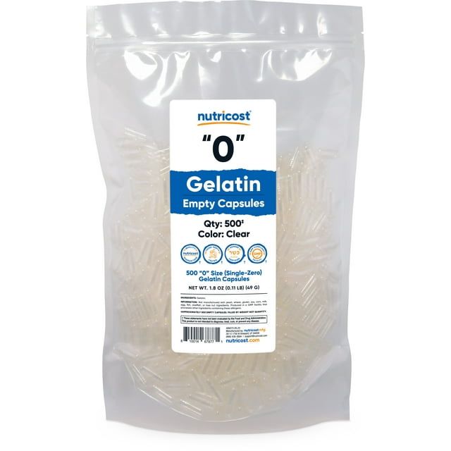 Nutricost Empty Capsules Gelatin Size 0 500 Clear Empty '0' Gel Capsules Kosher, Non GMO, Soy Free, Gluten Free