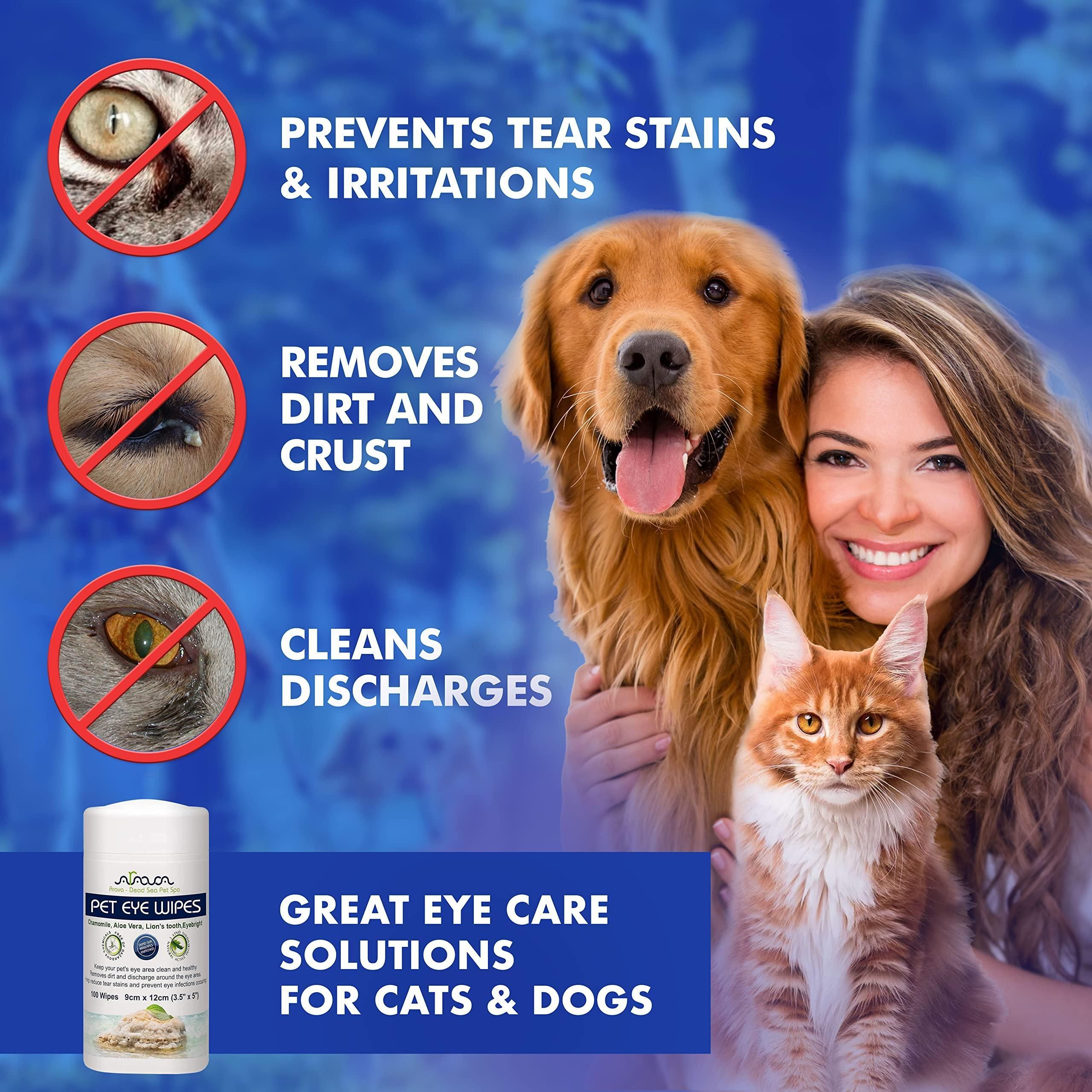 Arava Dead Sea Pet Spa Pet Eye Wipes for Dogs Cats Puppies & Kittens 100 Count Natural and Aromatherapy Medicated Removes Dirt Crust and Discharge Prevents Tear Stain Infections & Irritations Soft & Gentle
