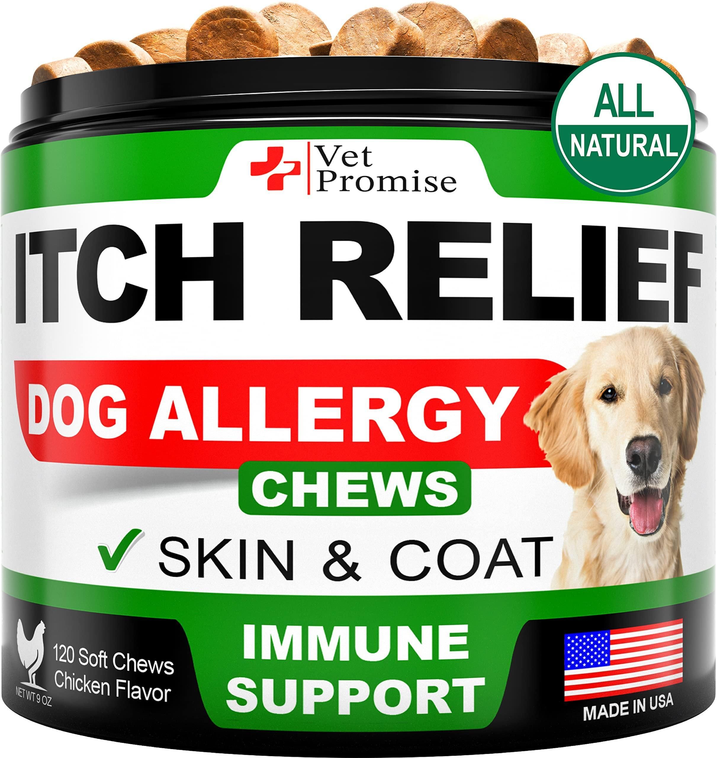 Vet Promise Dog Allergy Chews Itch Relief for Dogs Dog Allergy Relief Anti Itch for Dogs Dog Itchy Skin Treatment Dog Allergy Support Hot Spots Immune Health Supplement Made in USA 120 Treats