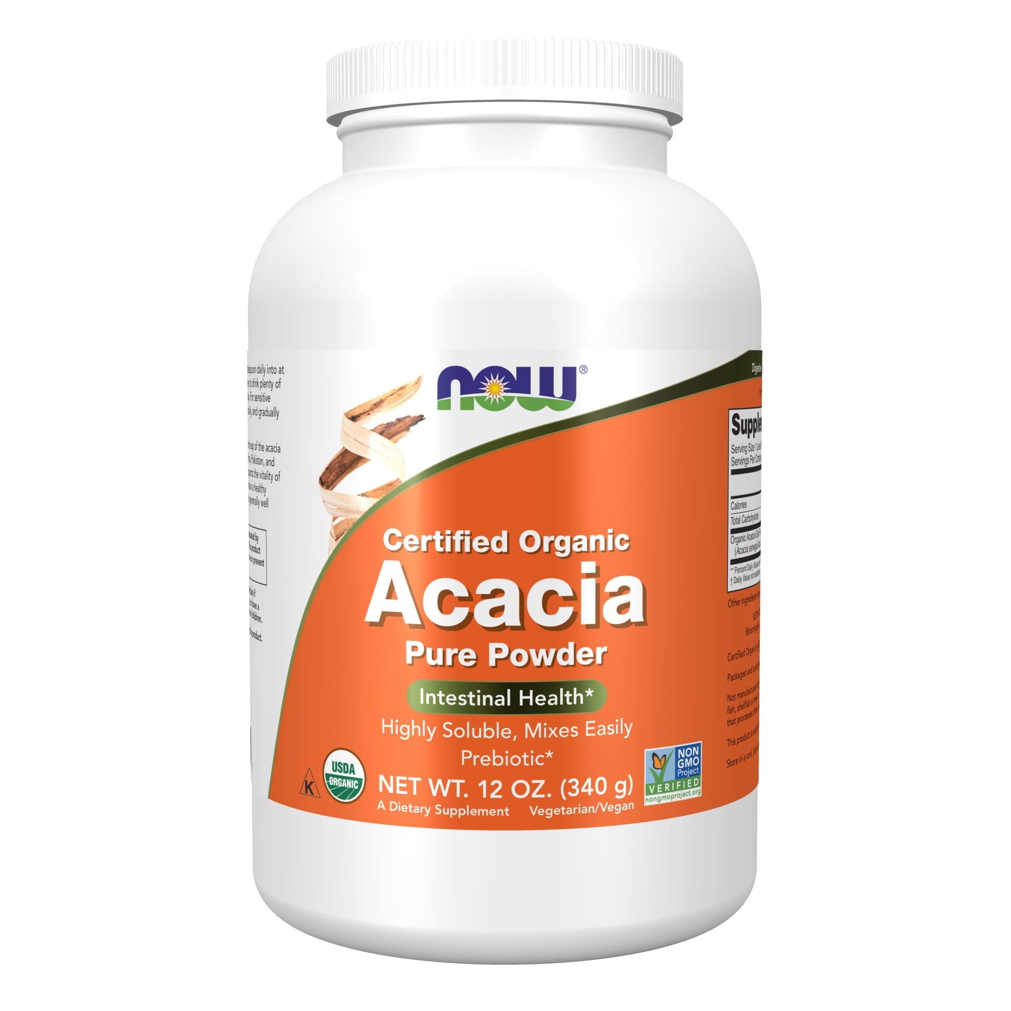 NOW Supplements, Acacia Pure Powder, Certified Organic, Highly Soluble, Mixes Easily, Intestinal Health*, 12 Ounce