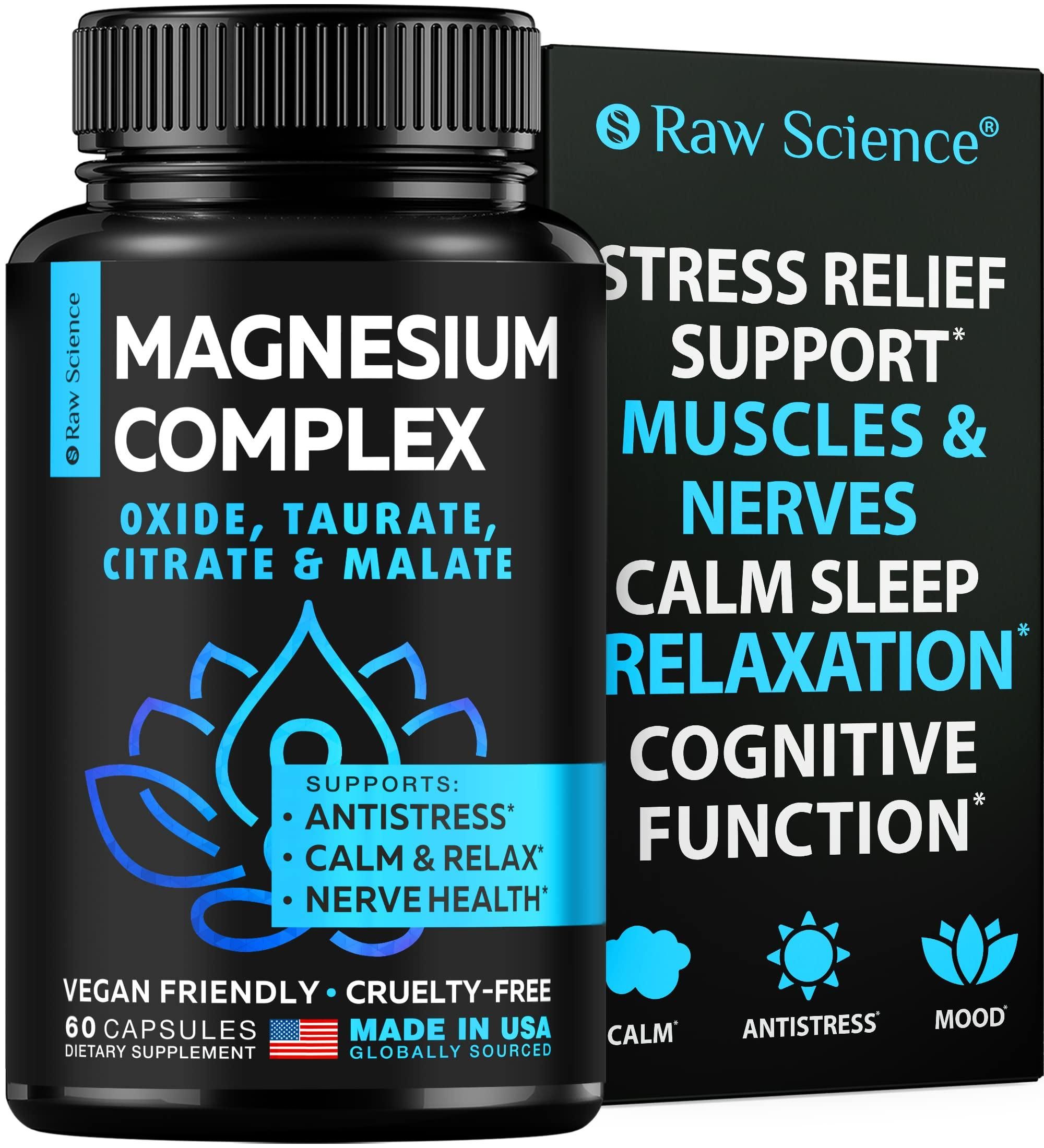 S Raw Science Magnesium Citrate Capsules Multi Magnesium Supplement for Women Men Complete Magnesium Complex High Absorption Magnesium Taurate for Relaxation Muscle and Nerve Health 60 Plant Based Pills