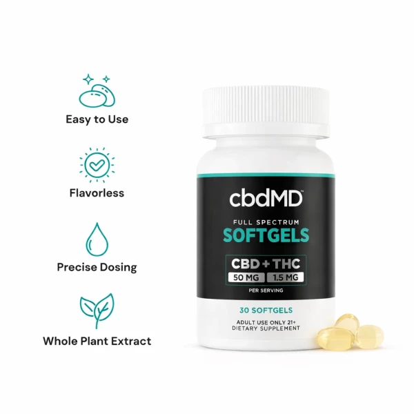 cbdMD Full Spectrum CBD Softgels - 50mg CBD, 1.5mg THC - 30 Count