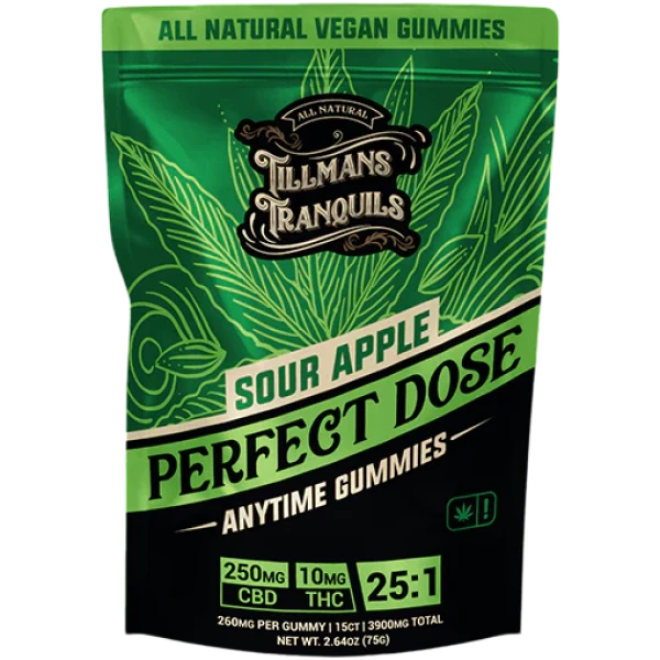 Tillmans Tranquils Sour Apple 260mg Gummies - 25:1 - 15 Count - 250mg CBD, 10mg THC