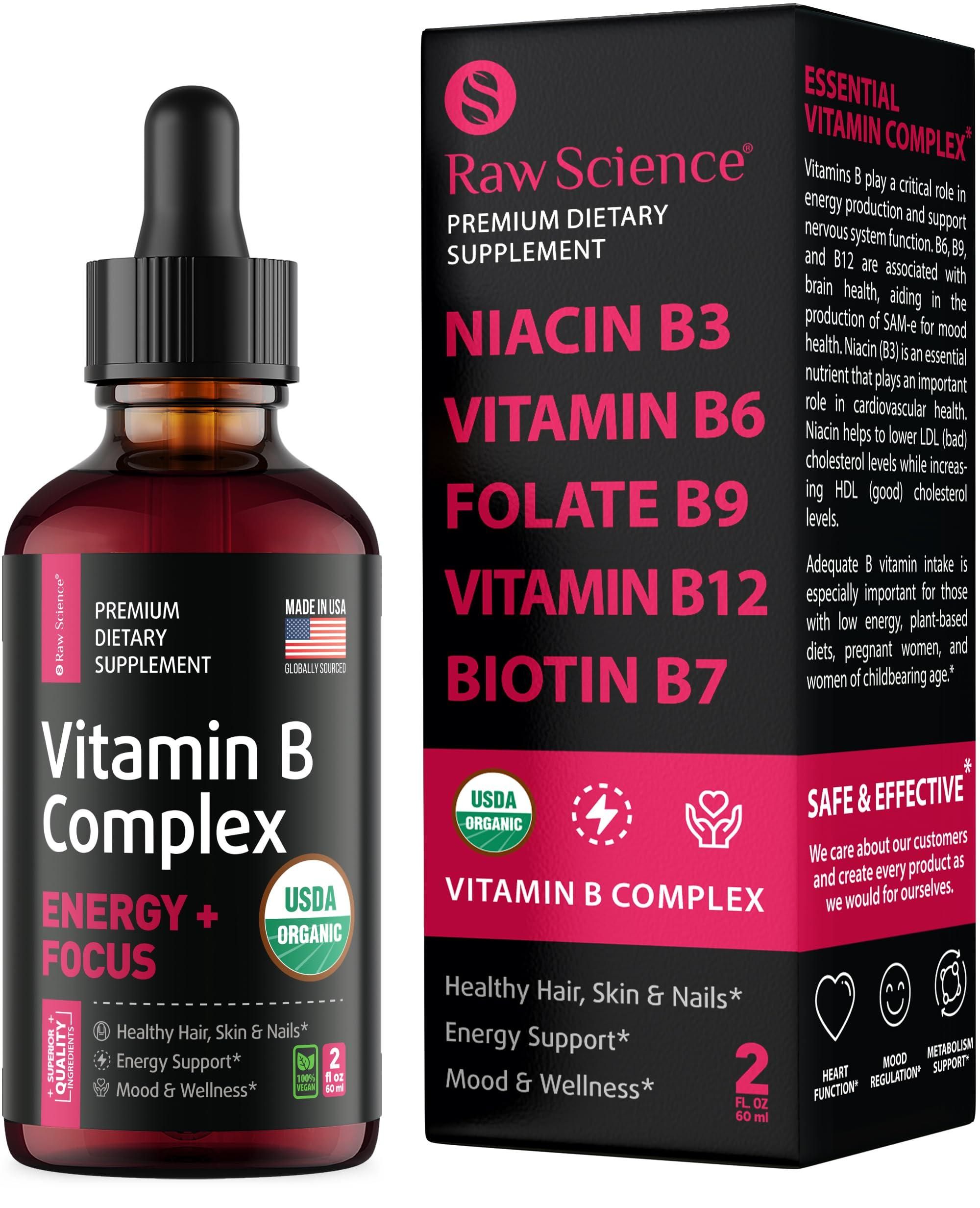 S Raw Science Liquid Vitamin B Complex Supplement for Women and Men Vitamins B3 B6 B9 Folic Acid for Optimal Health Hair Skin Nails Support Vegan Super B Complex 2oz