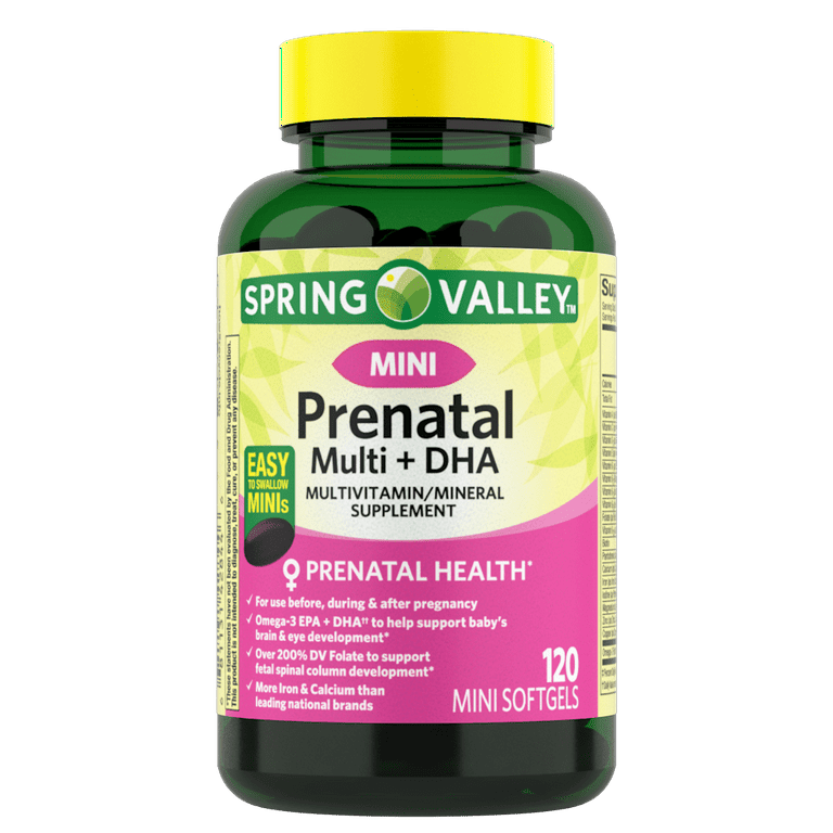 Spring Valley Mini Prenatal Multi + DHA Complete Multivitamin/Multimineral Supplement Mini Softgels, 120 Count