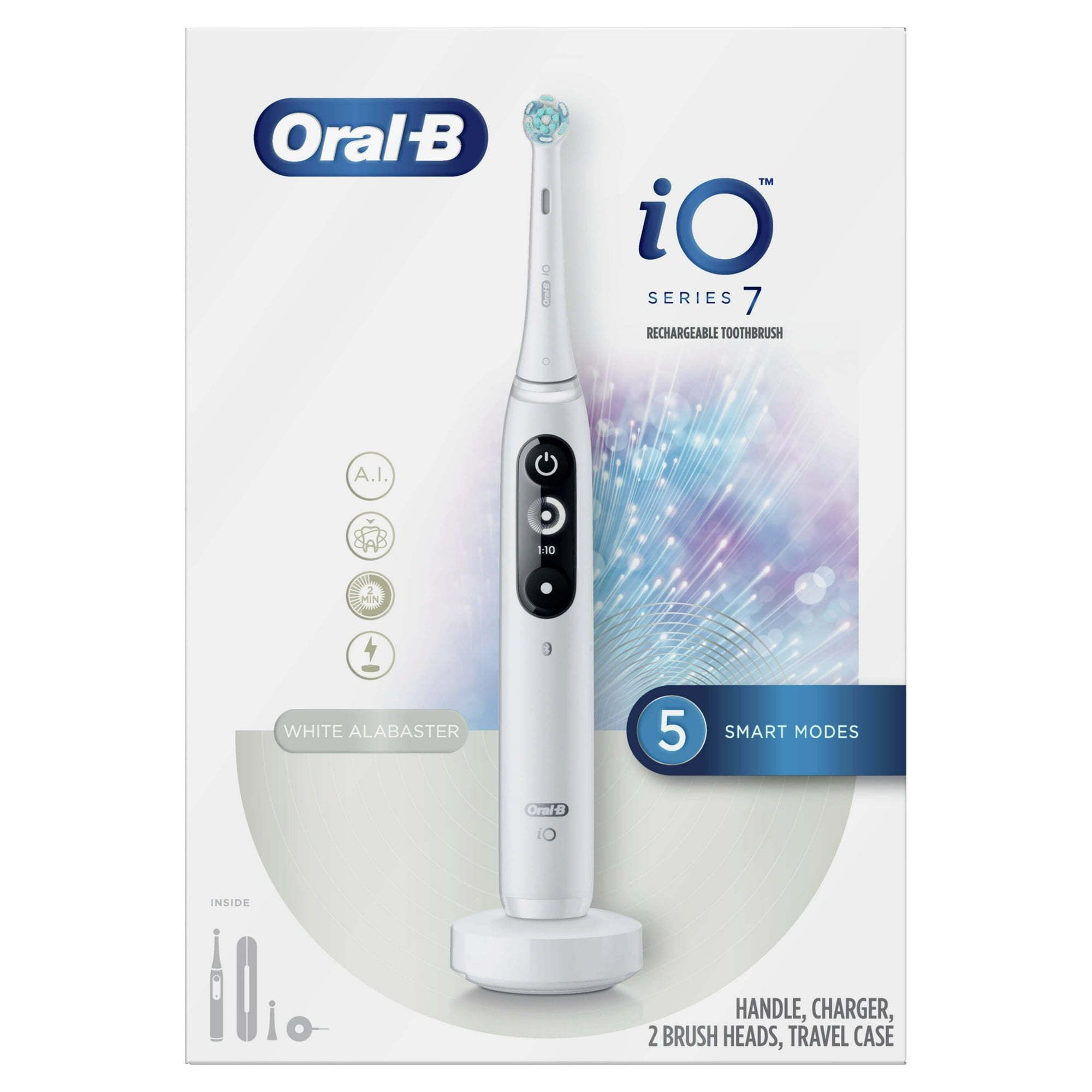 Oral B iO Series 7 Electric Toothbrush, 2 Brush Heads, White Alabaster, for Adults and Children 3+