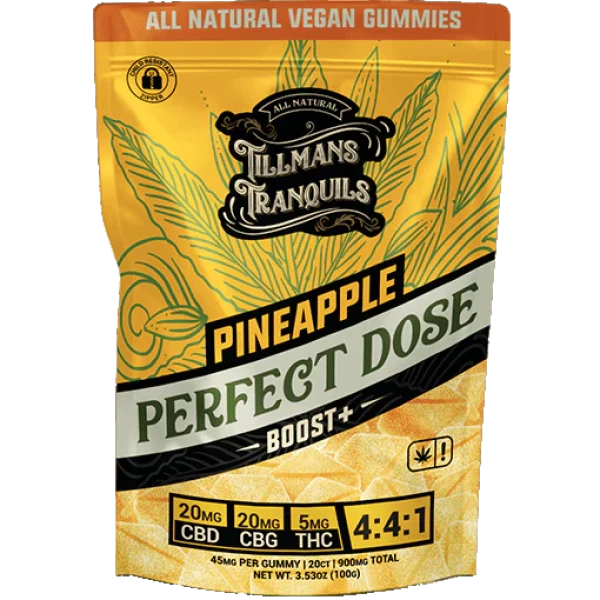 Tillmans Tranquils Mood Gummies Pineapple Perfect Dose - 20 Count,  20mg of CBD, 20mg of CBG, and 5mg of THC