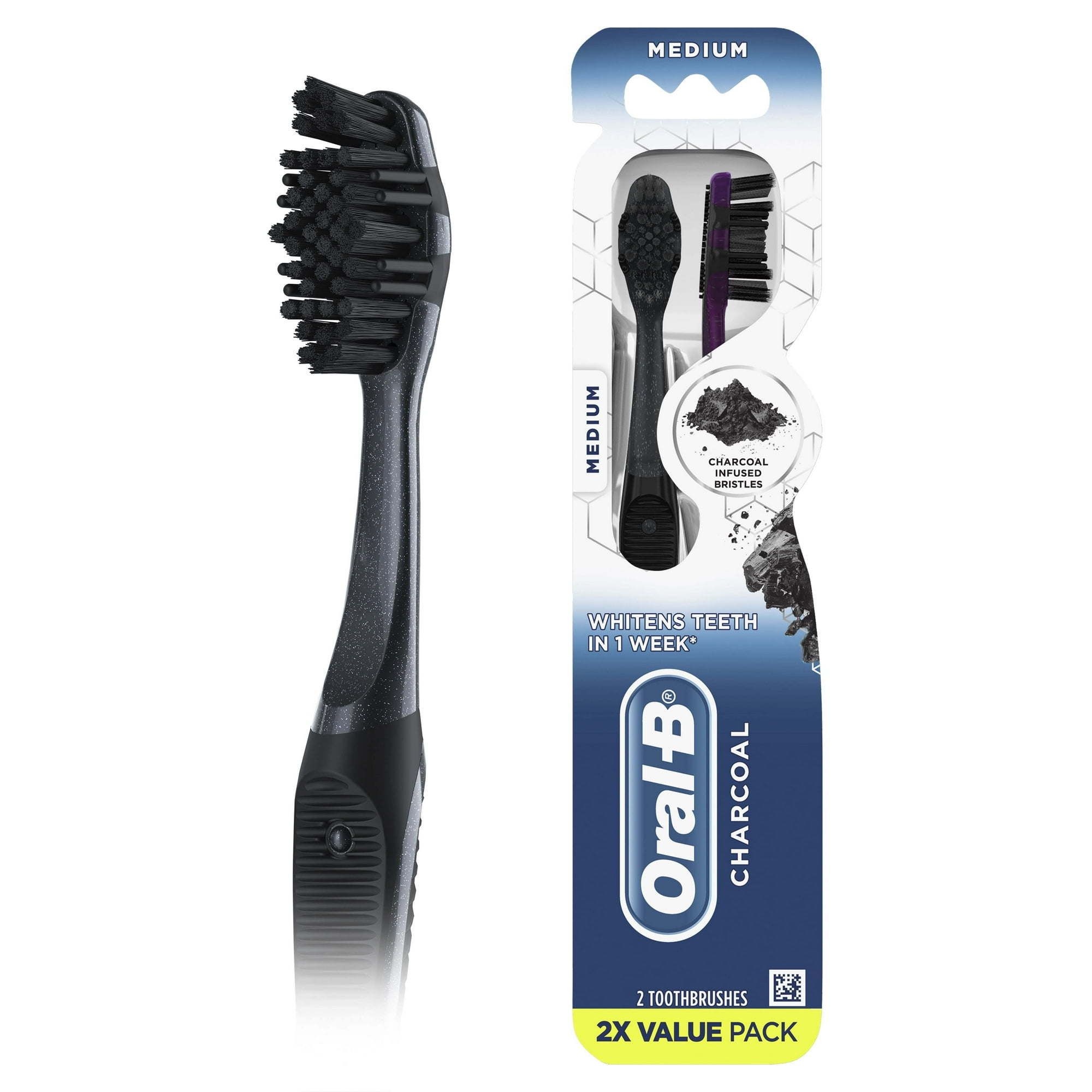 Oral B Charcoal Manual Toothbrush, Medium, 2 Count, for Adults & Children 3+