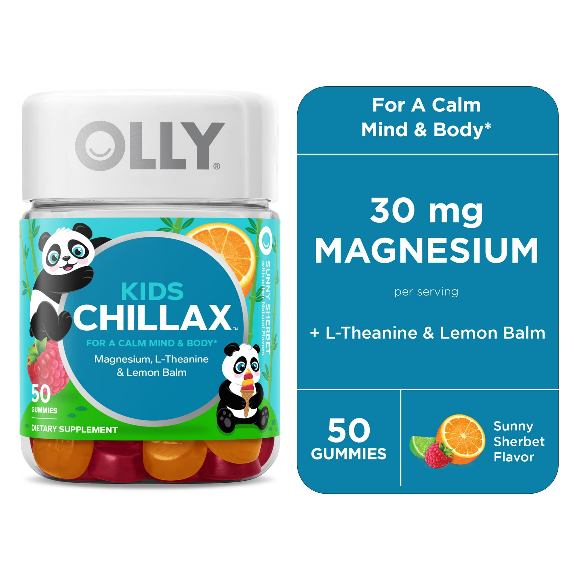 OLLY Kids Chillax Gummy, Chewable Supplement, Magnesium, L Theanine, Sunny Sherbet, 50 Count