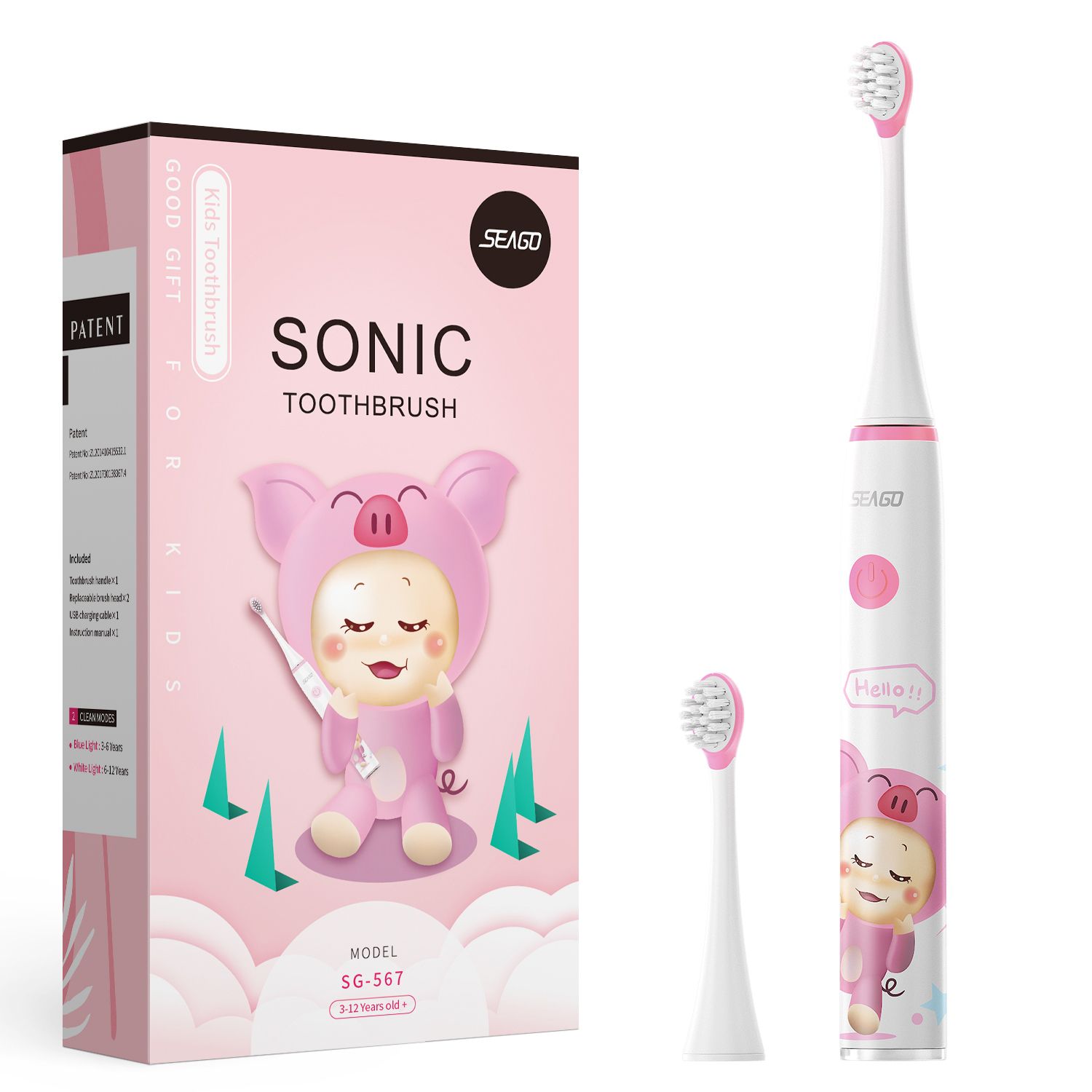 Seago SK3 Kids Sonic Electric Toothbrush Rechargeable Soft Tongue Cleaner Smart Timer 3 12years
