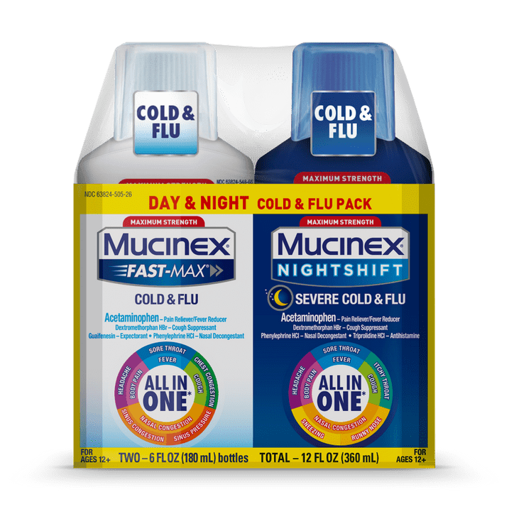 Maximum Strength Mucinex Fast Max Cold & Flu and Nightshift Severe Cold & Flu All in One Multi Symptom Relief Liquid 2 x 6 fl oz