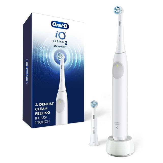 Oral B iO Series 2 Rechargeable Electric Powered Toothbrush Starter Kit, Pure White with 2 Brush Heads Automatic Pressure Sensor to Protect Gums 3 Modes 2 Min Timer