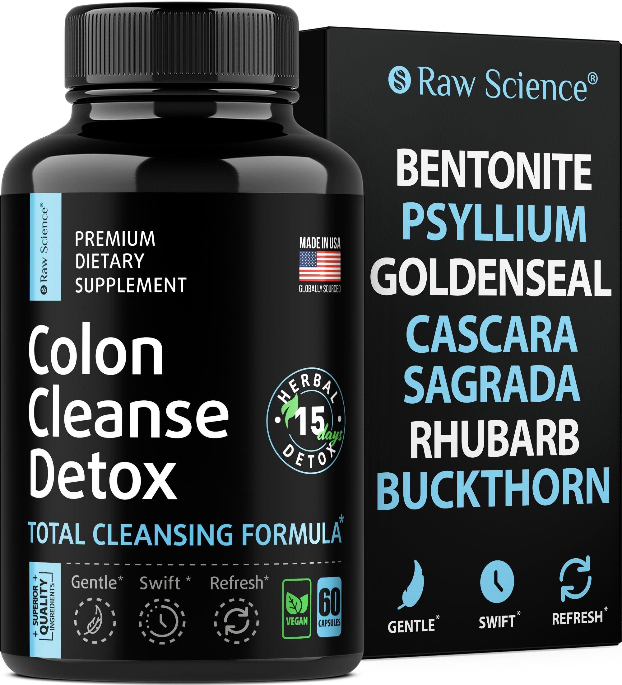 S Raw Science Colon Cleanse 15 Day Gut Detox Bloating Constipation Relief for Women Men Fiber Pill Bentonite Clay Psyllium Husk 60 Capsules