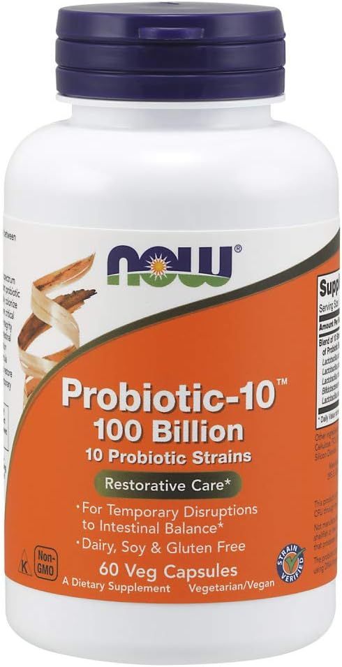 NOW Supplements, Probiotic 10, 100 Billion, with 10 Probiotic Strains,Dairy, Soy and Gluten Free, Strain Verified, 30 Veg Capsules