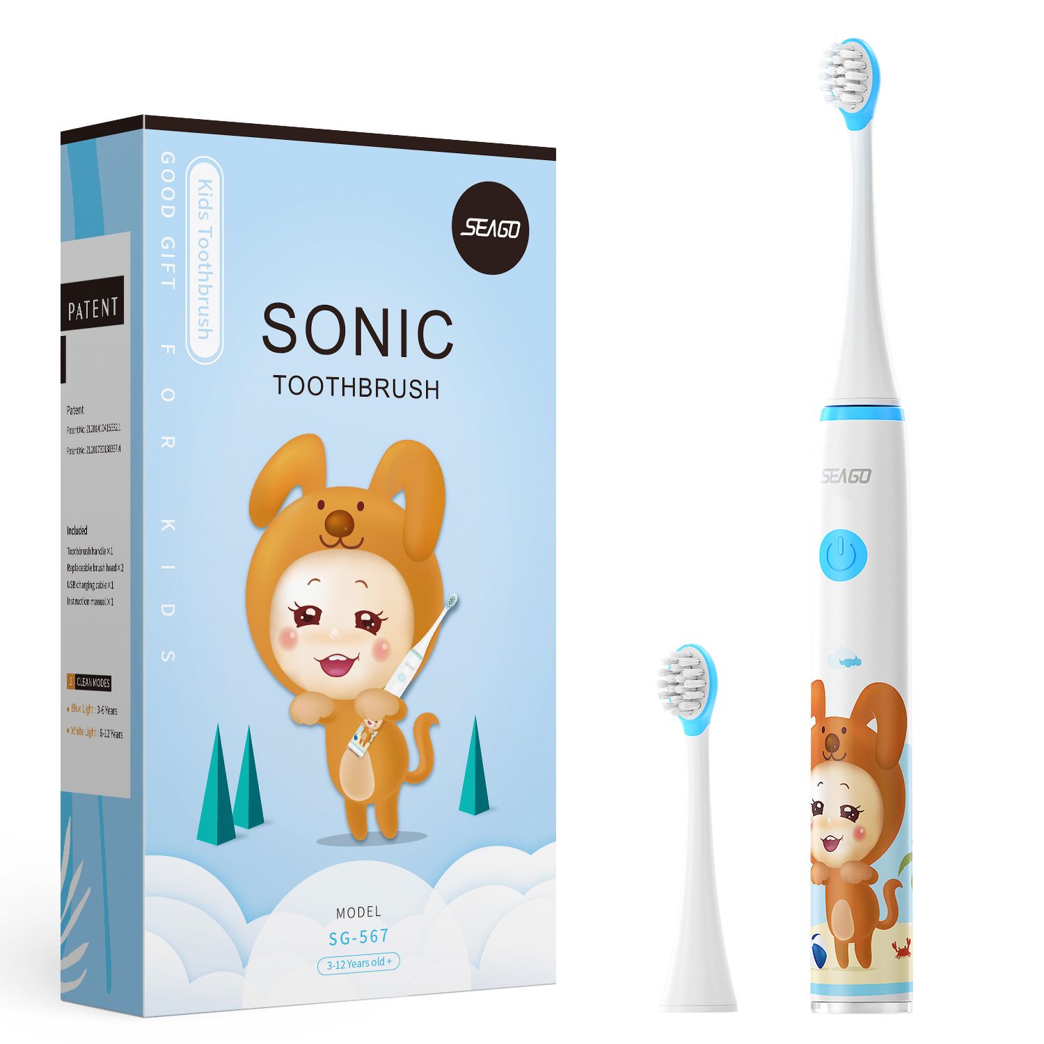 Seago SK3 Kids Sonic Electric Toothbrush Rechargeable Soft Tongue Cleaner Smart Timer 3 12years