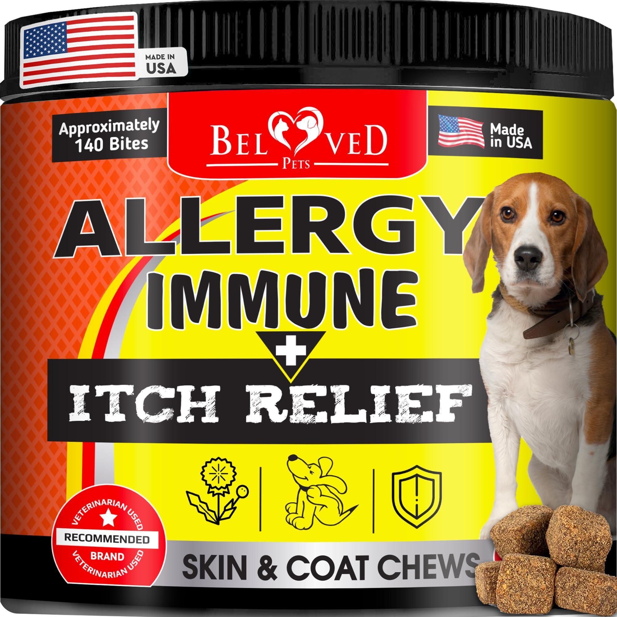 Beloved Pets Dog Anti Itch Allergy Relief Chews Dry Itchy Skin Hot Spot Treatment with Probiotic Omega 3 Oil Immune Supplement Seasonal Allergies Medicine for Dogs Puppy 140 Bites