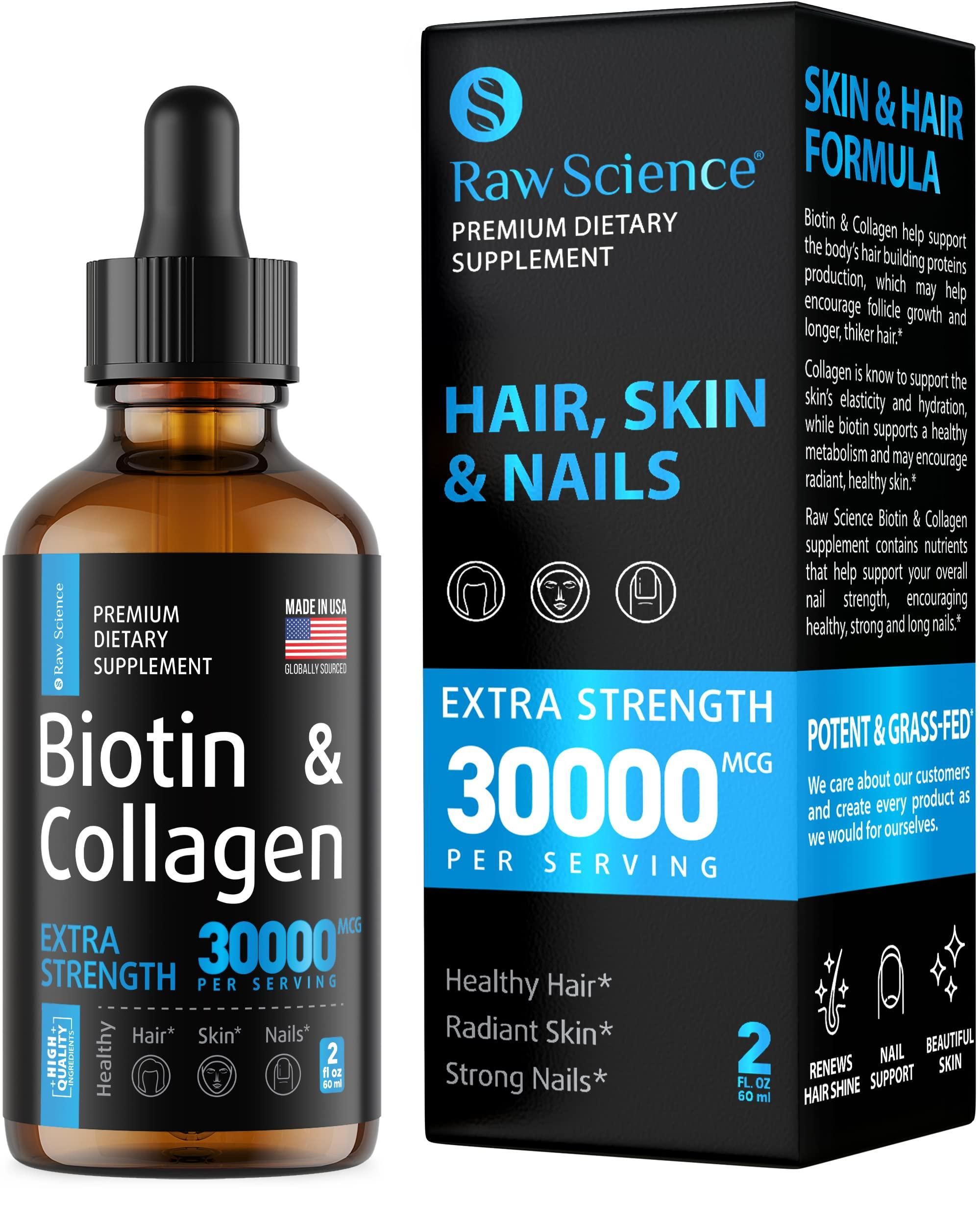 S Raw Science Liquid Collagen Biotin Supplement for Hair Growth Biotin 10000 mcg Collagen 20000 mcg Drops Biotin and Collagen Vitamins for Skin Hair and Nail Health for Women Men 2 floz