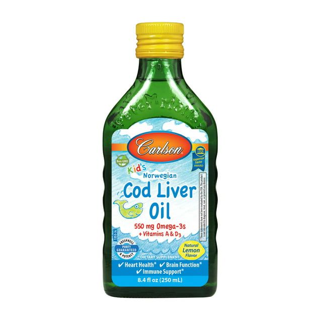 Carlson Labs Carlson Kid's Norwegian Cod Liver Oil + Vitamin A & D3 Liquid, 550 mg Omega 3, Lemon, 8.4 Fl Oz.