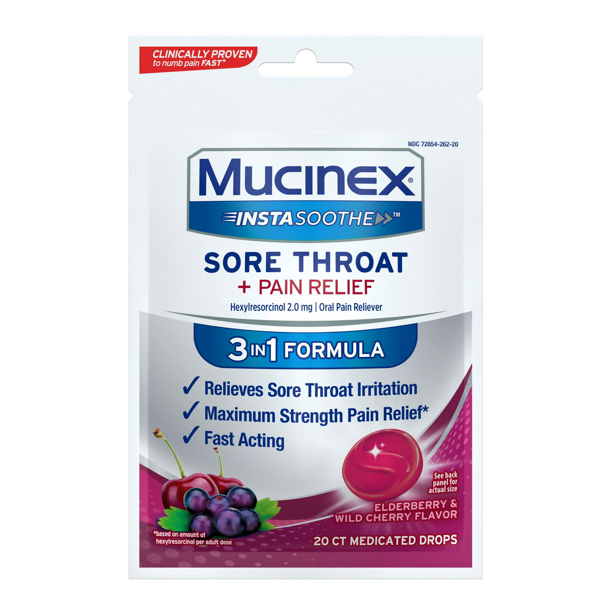 Mucinex InstaSoothe Sore Throat + Pain Relief Elderberry & Wild Cherry Flavor, Fast Acting, Powerful Sore Throat Oral Pain Reliever, 20 Medicated Drops