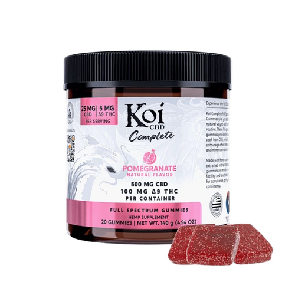 Koi Complete Full Spectrum CBD + D9 THC Gummies Pomegranate, 5mg THC, 25mg CBD - 30 Count