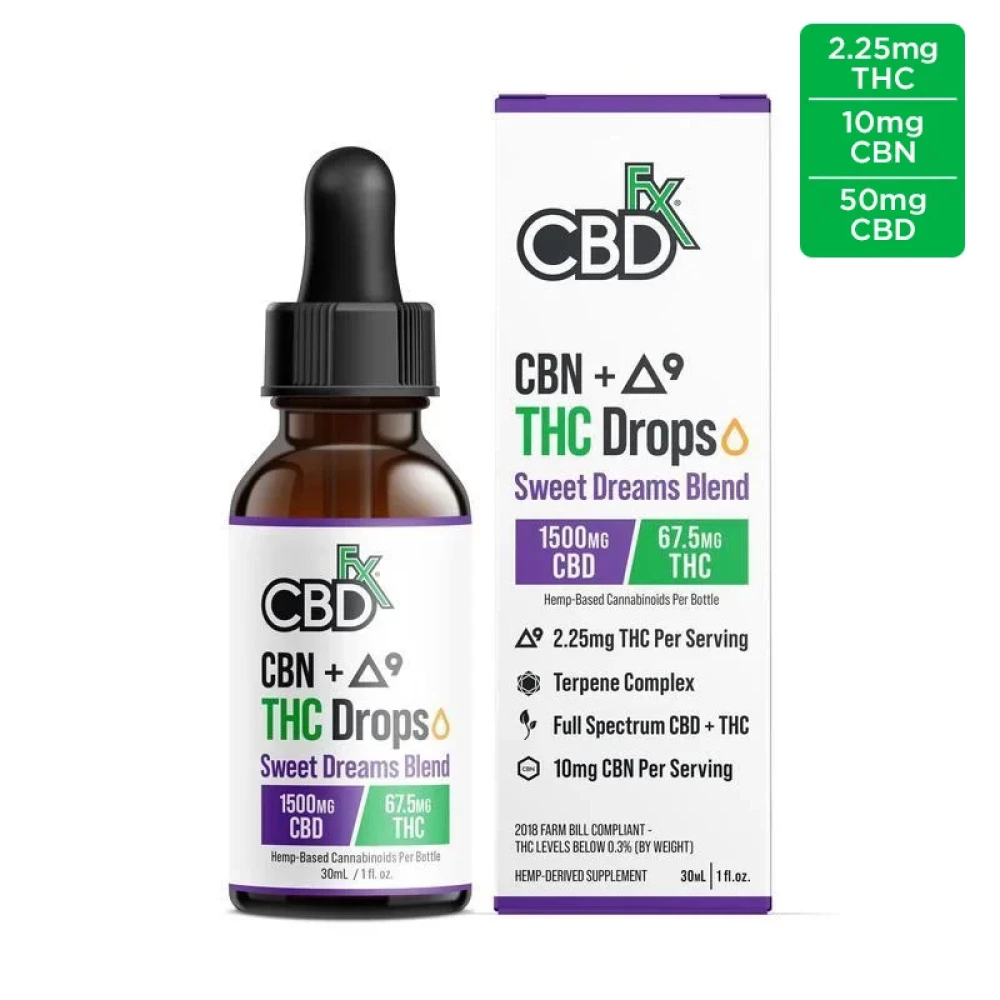CBDfx Delta-9 THC Oil Drops + CBN + CBD: Sweet Dreams Blend - 30ml - 1500mg, 67.5mg THC