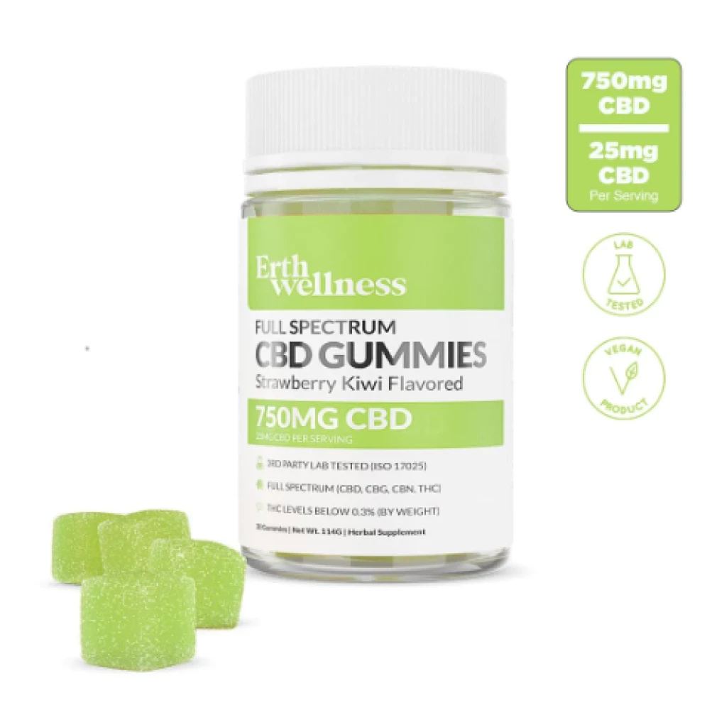 Erth Wellness Full Spectrum RELIEF Gummies - Vegan - Strawberry Kiwi - 1500mg CBD + 75mg THC - 30 Count