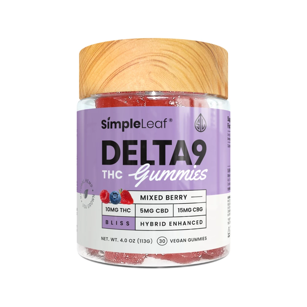 Simple Leaf CBD+THC+CBG HYBRID Gummies, Mixed Berry, 10mg THC, 5mg CBD, 15mg CBG per gummy, 30ct.
