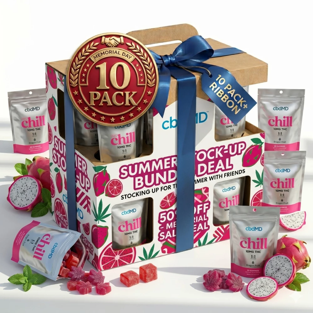 (10 PACK) cbdMD High Potency 1:1 10mg THC, 10mg CBD Chill Gummies - Dragon Fruit, MAX Chill - 20 Count